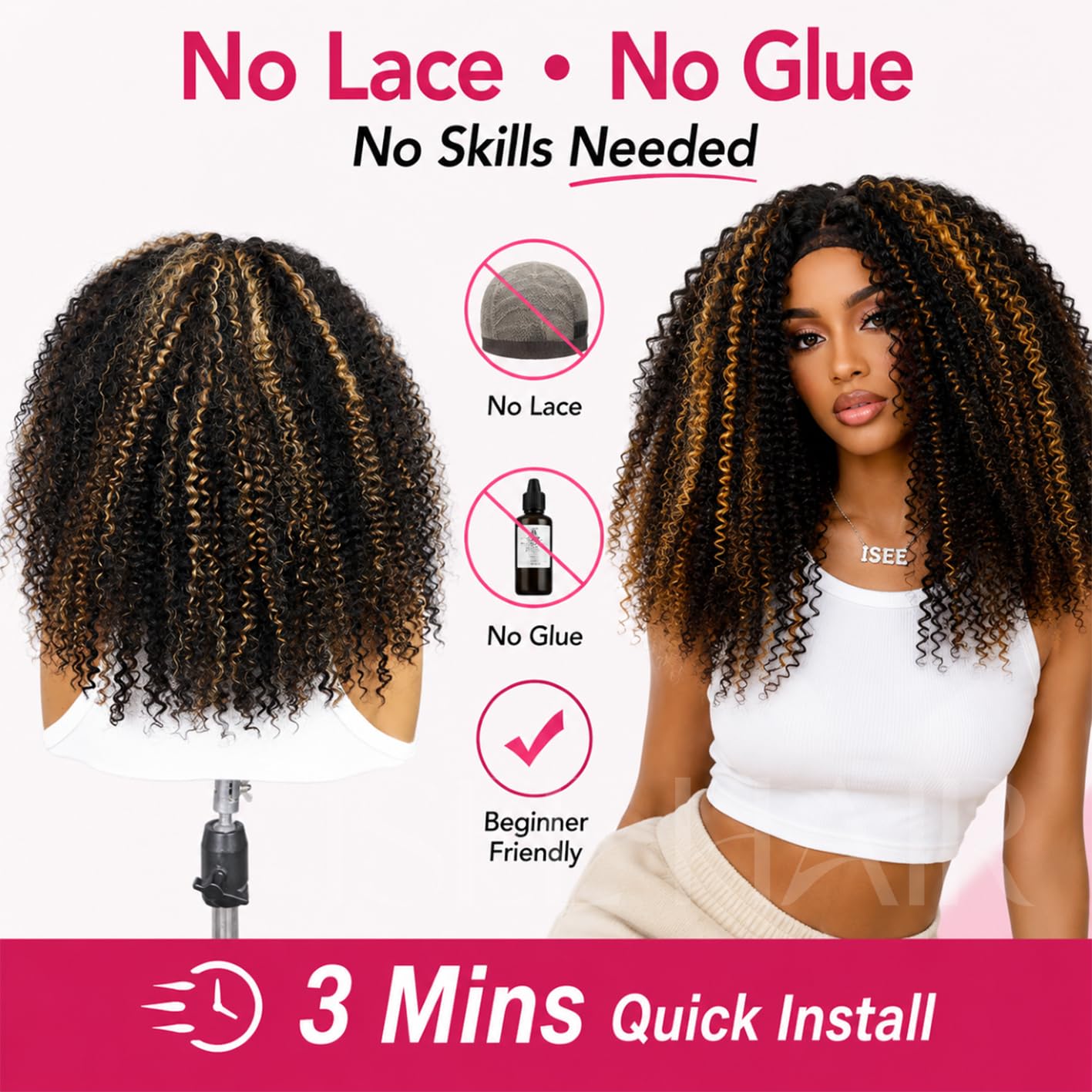 ISEE Half Wig Human Hair Glueless Wigs Upgrade 3 IN 1 Half Wig With Drawstring Seamless Clip Ins Flip Over Kinky Curly Human Hair No Glue No Lace For Women 180% Density 22 Inch