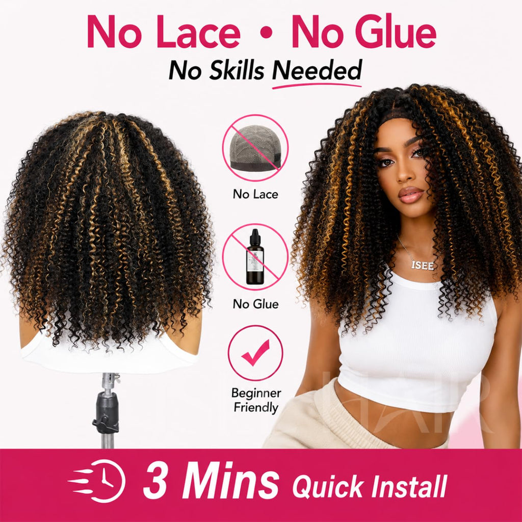 ISEE Half Wig Human Hair Glueless Wigs Upgrade 3 IN 1 Half Wig With Drawstring Seamless Clip Ins Flip Over Kinky Curly Human Hair No Glue No Lace For Women 180% Density 22 Inch