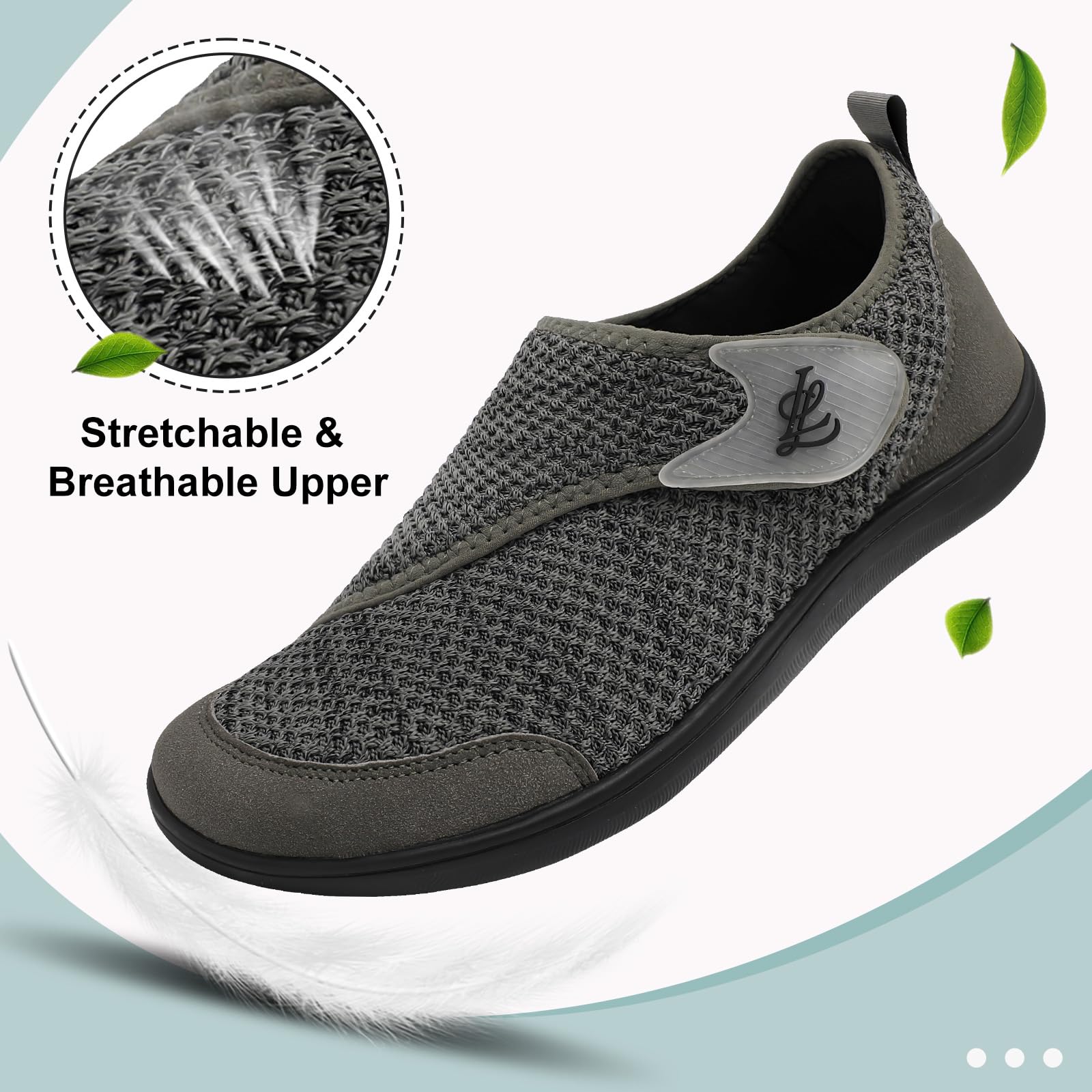 LeIsfIt Mens Wide Diabetic Shoes Adjustable Barefoot Walking Shoes Breathable Zero Drop Sneakers for Wide Width Arthritis Edema Feet