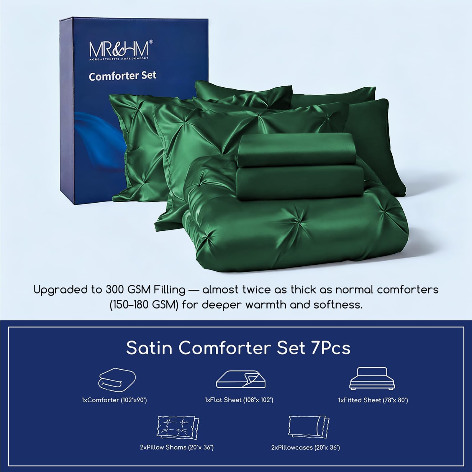 MR&HM Satin Comforter Queen 7 Pieces - Luxurious Pinch Pleat Bedding Set with Comforter, Flat Sheet, Fitted Sheet, Pillowcases & Shams, Super Silky Soft Bed Set for All Season (Queen, Black)