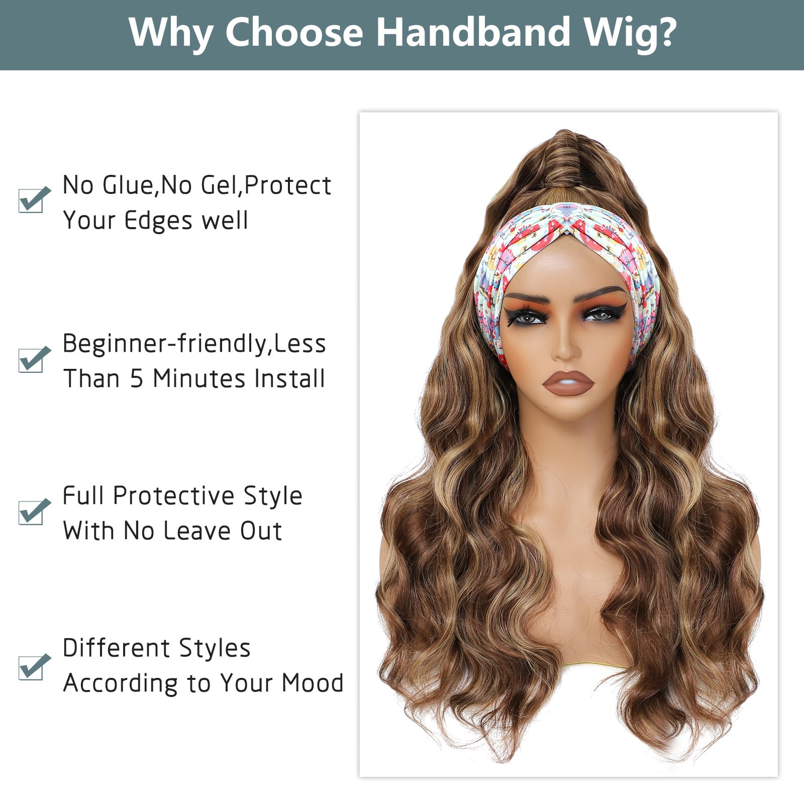 Long Wavy Headband Wig for Women Black Wigs with Brown Blonde Highlight 200% Denisty Headband Wigs Put On and Go Glueless Wig Long Synthetic Wig for Women Party Daliy Use