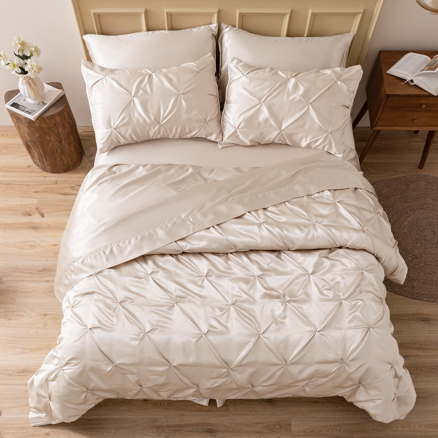 MR&HM Satin Comforter Queen 7 Pieces - Luxurious Pinch Pleat Bedding Set with Comforter, Flat Sheet, Fitted Sheet, Pillowcases & Shams, Super Silky Soft Bed Set for All Season (Queen, Black)