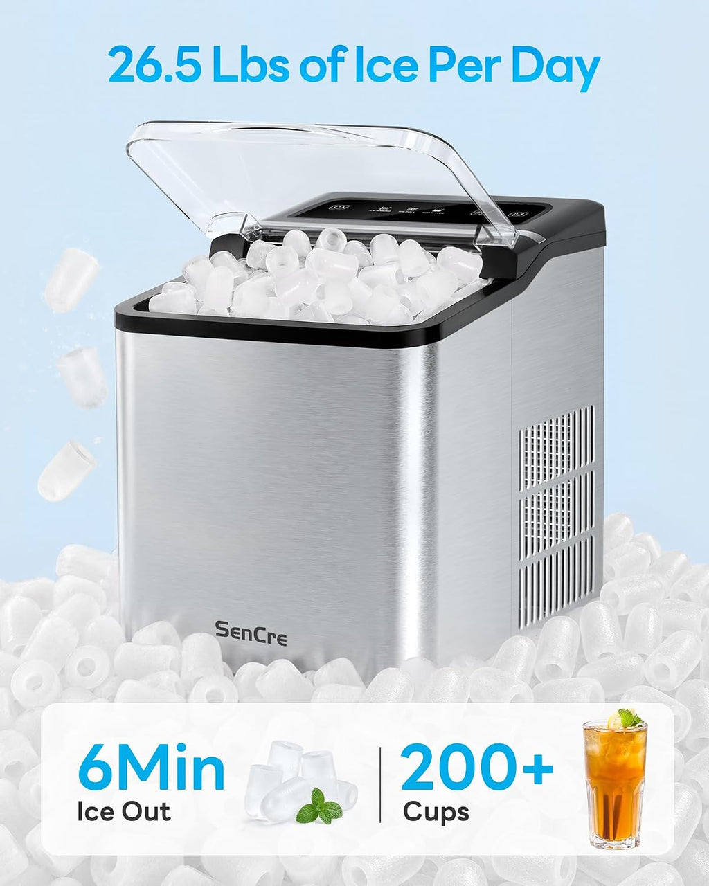 Ice Makers Countertop, 26.5Lbs/24H Ice Machine with 2 Sizes Bullet Ice, 9 Ice Cubes Release in 6 Mins, Self-Cleaning Portable Ice Maker with Ice Scoop and Basket for Home Kitchen Office Bar RV