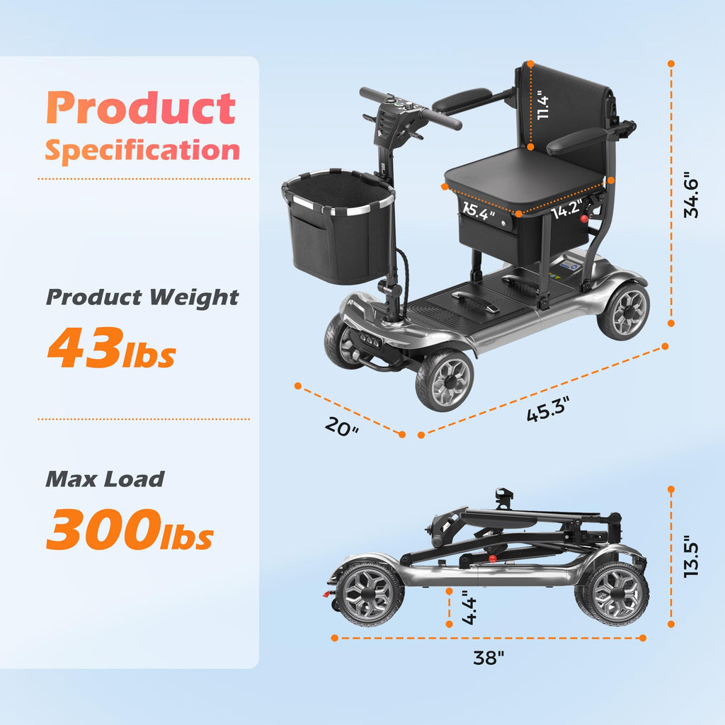 Lightweight Mobility Scooter for Seniors & Adults - Cruise & Airport Approved, 43lb Foldable Portable Motorized Scooters with Removable Lithium Battery for 12.4 Miles Travel, 300lb Capacity, Red