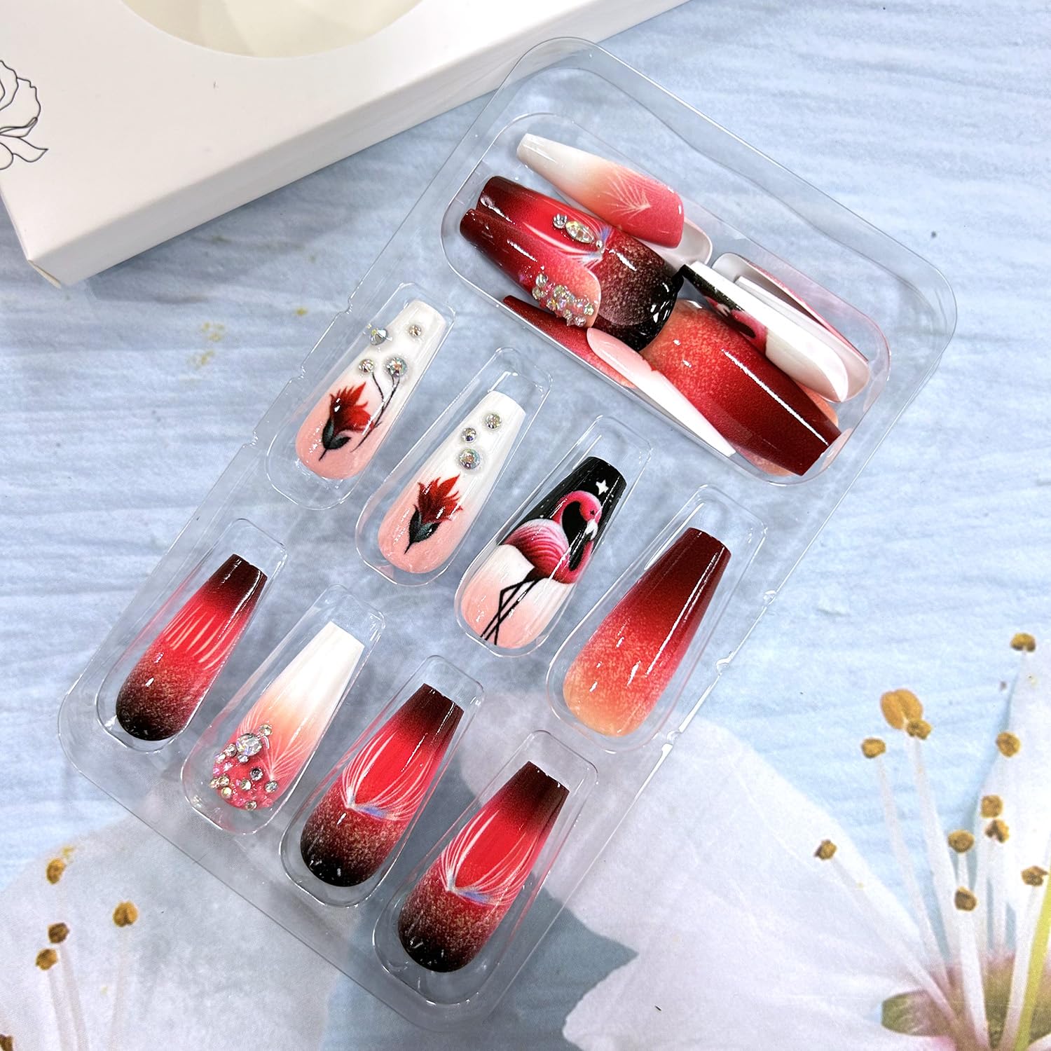 Glitter Powder Love Heart Press on Nails Long Square Gold Glitter Stripes Design Blue Gradient Acrylic Fake Nail Full Cover Glossy Artificial Fingernails DIY Reusable Glue on Nails for Women 24Pcs