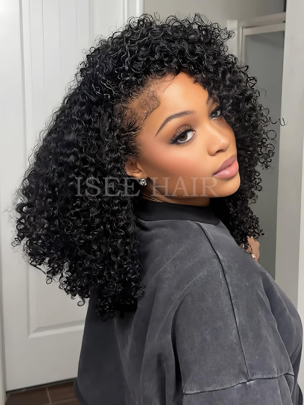 ISEE Half Wig Human Hair Glueless Wigs Upgrade 3 IN 1 Half Wig With Drawstring Seamless Clip Ins Flip Over Kinky Curly Human Hair No Glue No Lace For Women 180% Density 22 Inch