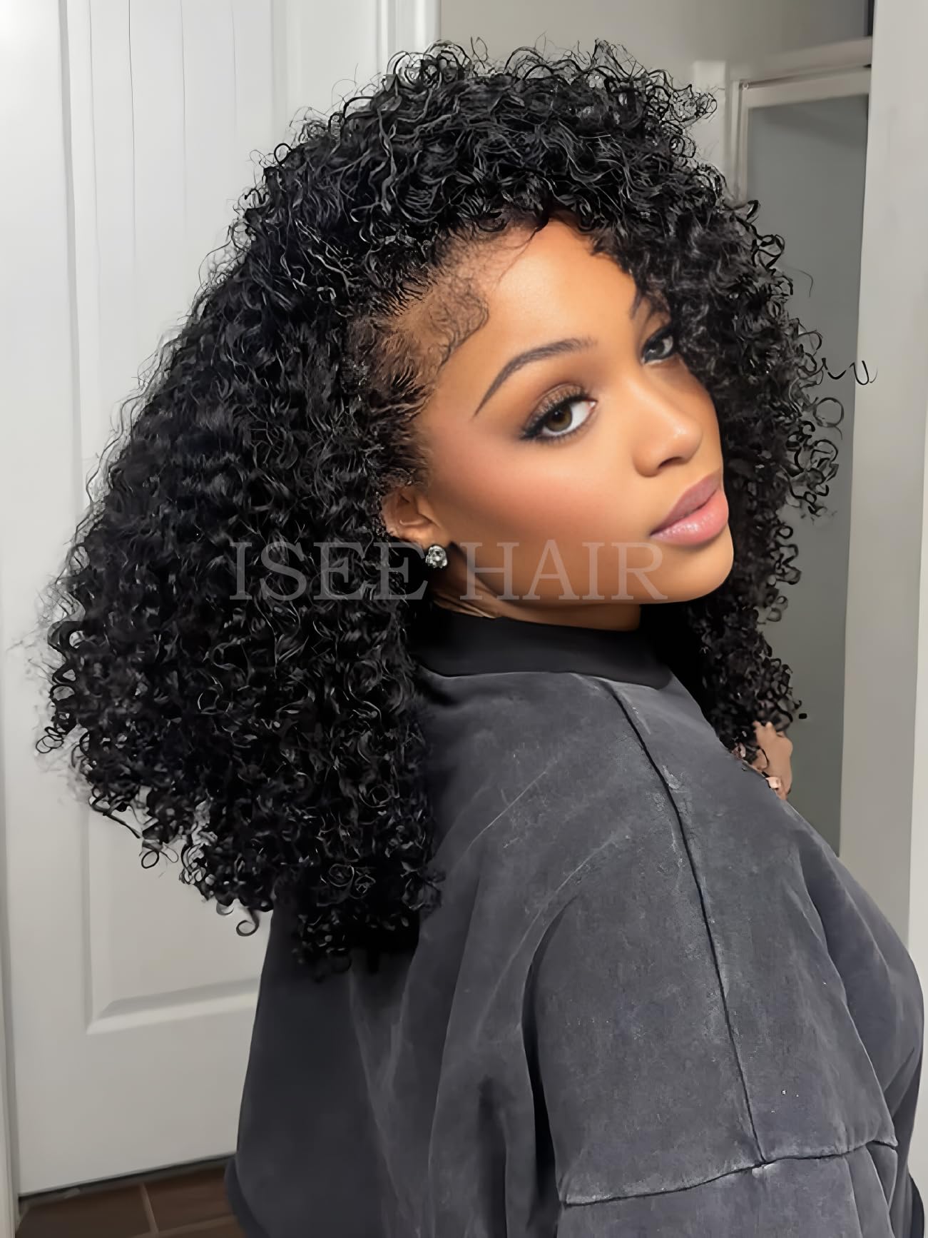 ISEE Half Wig Human Hair Glueless Wigs Upgrade 3 IN 1 Half Wig With Drawstring Seamless Clip Ins Flip Over Kinky Curly Human Hair No Glue No Lace For Women 180% Density 22 Inch