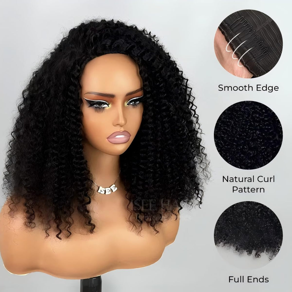 ISEE Half Wig Human Hair Glueless Wigs Upgrade 3 IN 1 Half Wig With Drawstring Seamless Clip Ins Flip Over Kinky Curly Human Hair No Glue No Lace For Women 180% Density 22 Inch