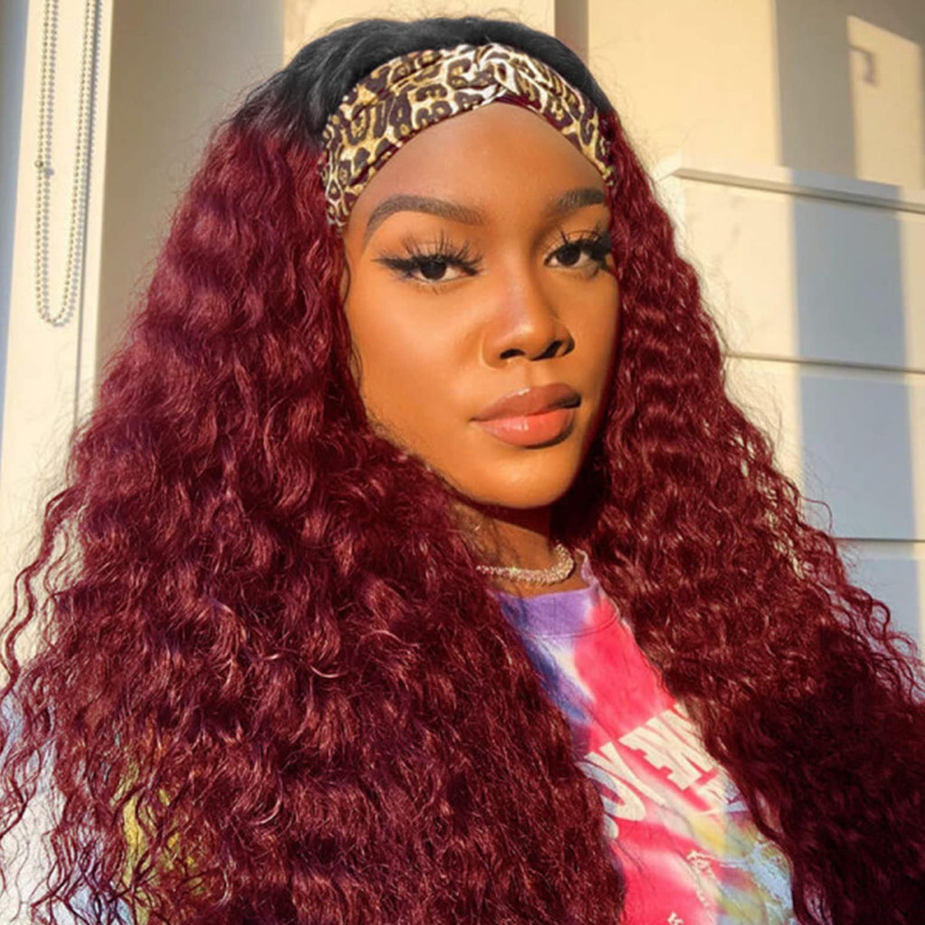 Aiterina Headband Wig Deep Wave 12 Inch Human Hair Headband Wig Curly hair Glueless Human Hair Wigs Machine Made No Lace deep Curly Headband Wigs Natural color