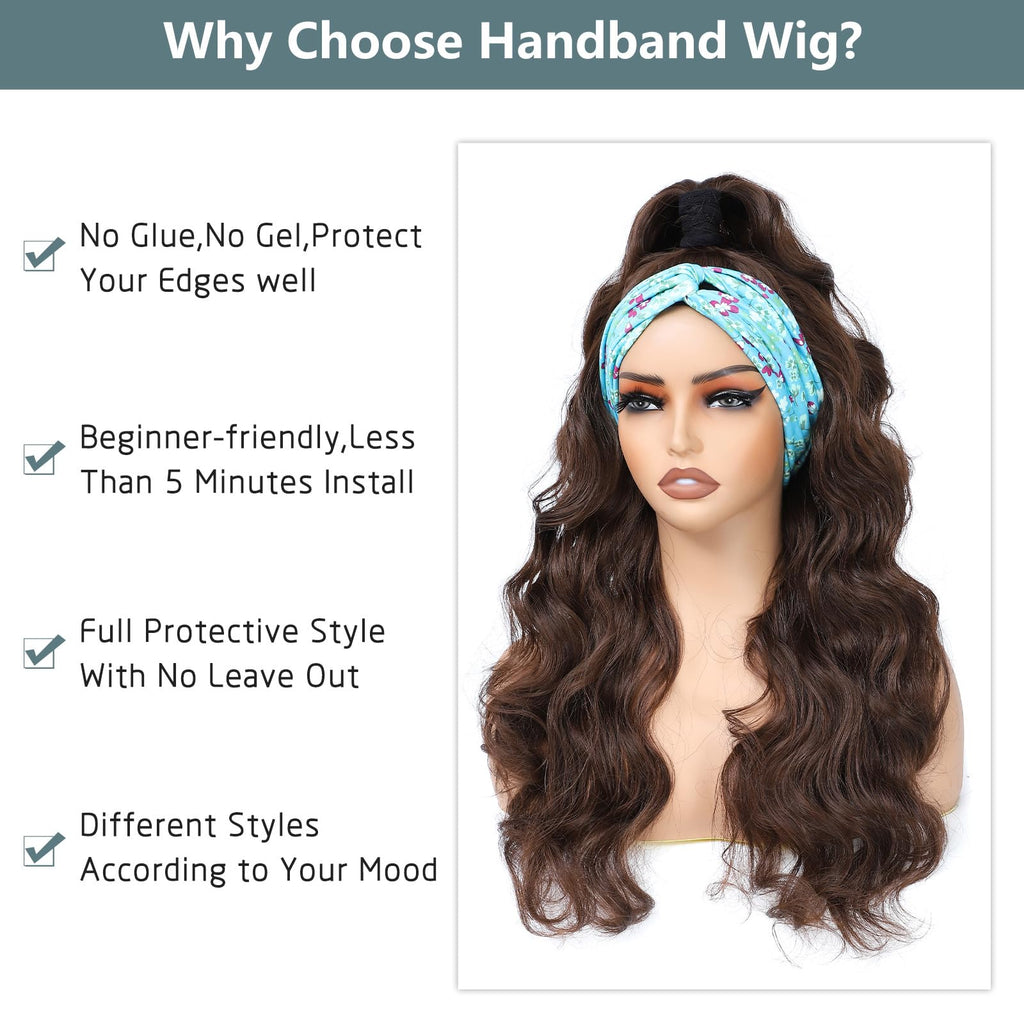 Long Wavy Headband Wig for Women Black Wigs with Brown Blonde Highlight 200% Denisty Headband Wigs Put On and Go Glueless Wig Long Synthetic Wig for Women Party Daliy Use