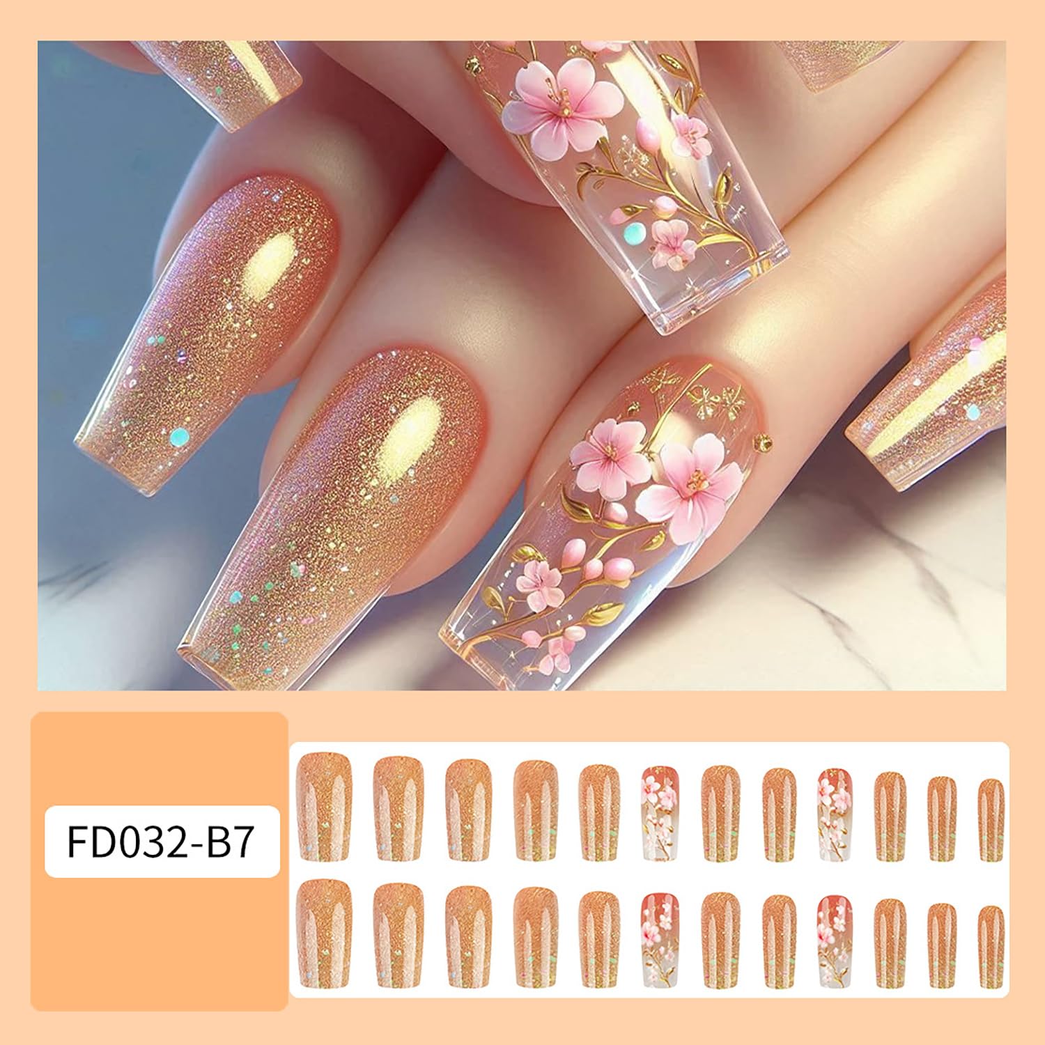 Glitter Powder Love Heart Press on Nails Long Square Gold Glitter Stripes Design Blue Gradient Acrylic Fake Nail Full Cover Glossy Artificial Fingernails DIY Reusable Glue on Nails for Women 24Pcs