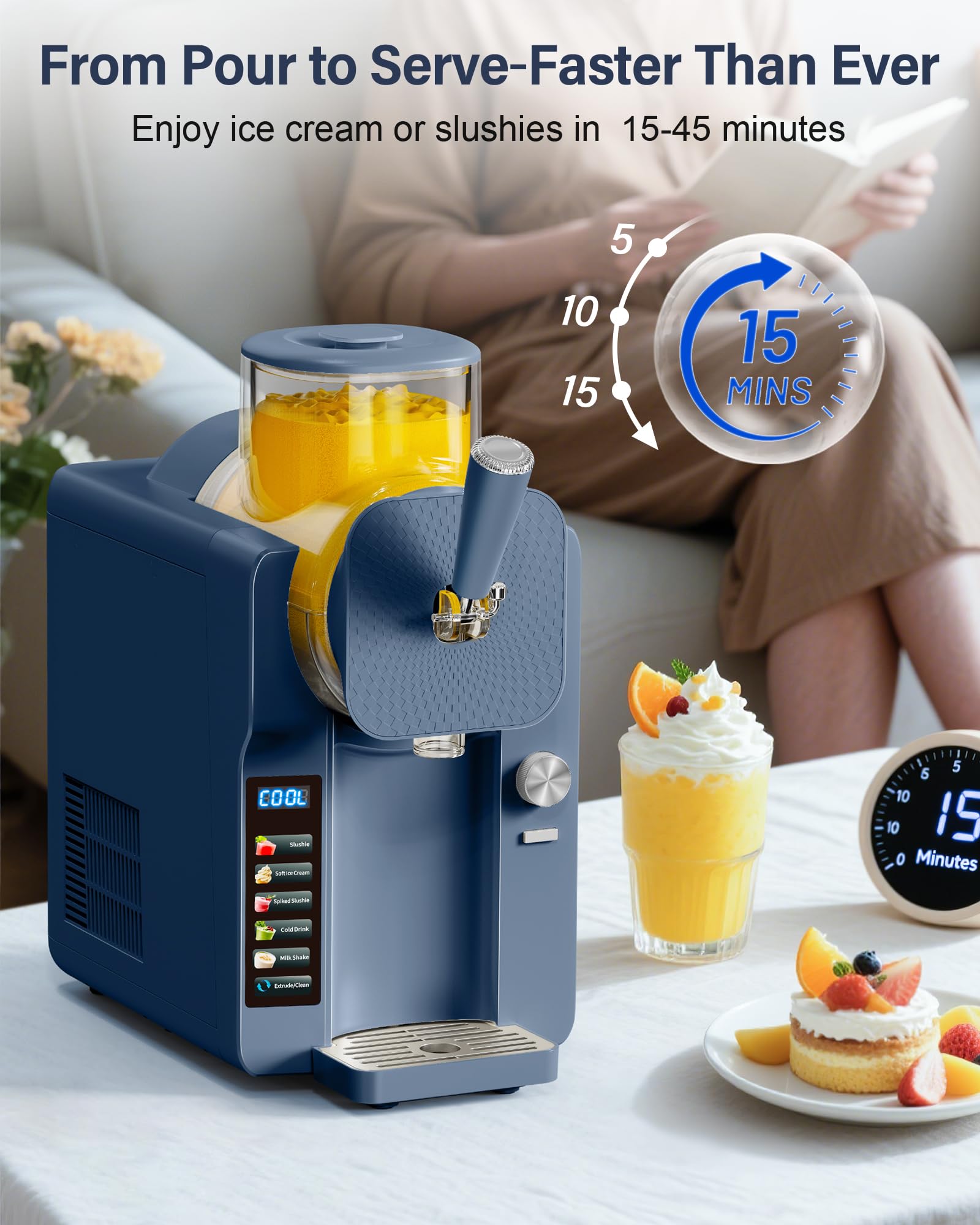 Slush Machine & Ice Cream Maker Machine 2-IN-1, for Smoothies, Margarita | 6 Modes for Smoothies, Milkshakes, Margarita, and Ice Cream, Double-Layer Tank, With Ice Cream Cone Holder, Home Use