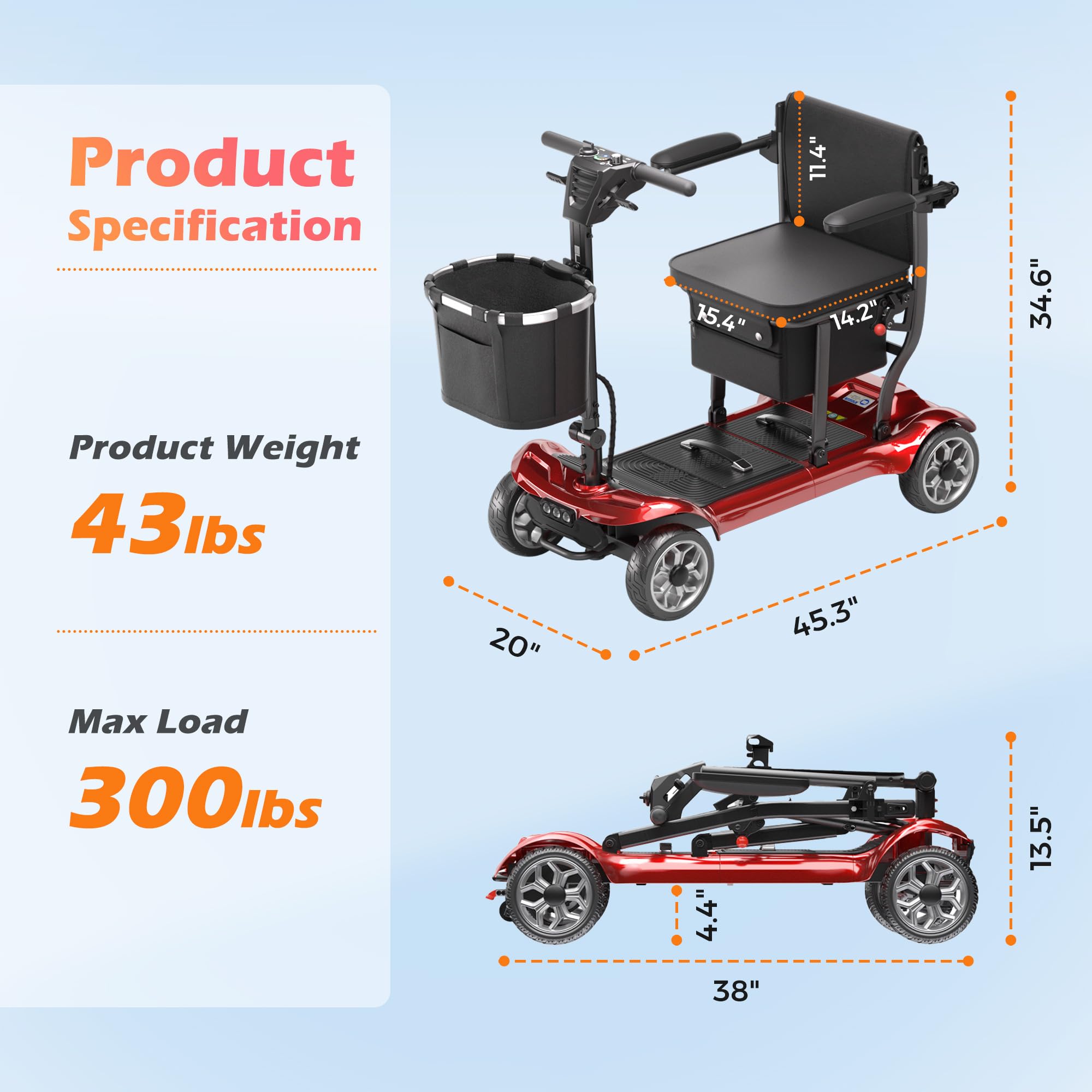 Lightweight Mobility Scooter for Seniors & Adults - Cruise & Airport Approved, 43lb Foldable Portable Motorized Scooters with Removable Lithium Battery for 12.4 Miles Travel, 300lb Capacity, Red