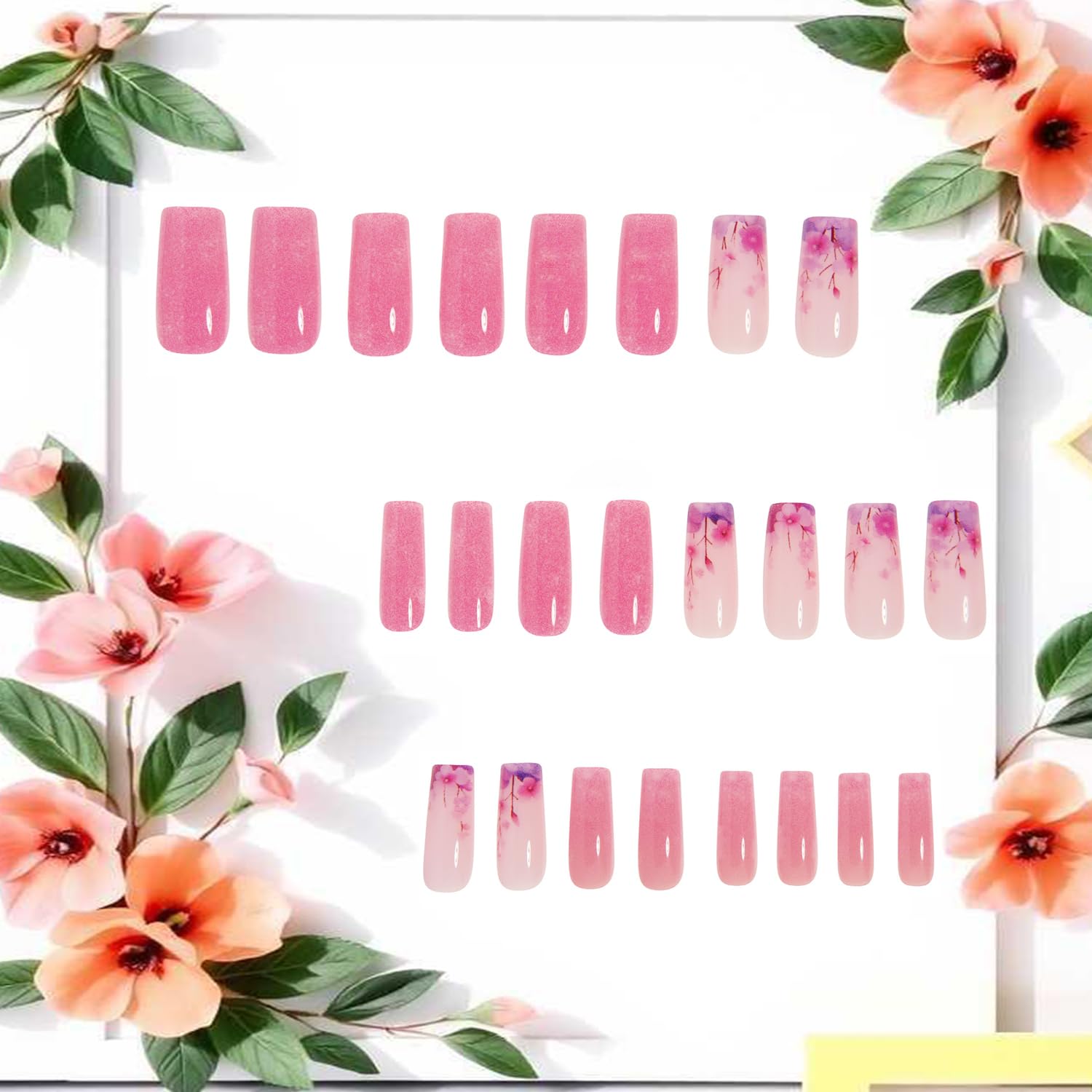 Glitter Powder Love Heart Press on Nails Long Square Gold Glitter Stripes Design Blue Gradient Acrylic Fake Nail Full Cover Glossy Artificial Fingernails DIY Reusable Glue on Nails for Women 24Pcs