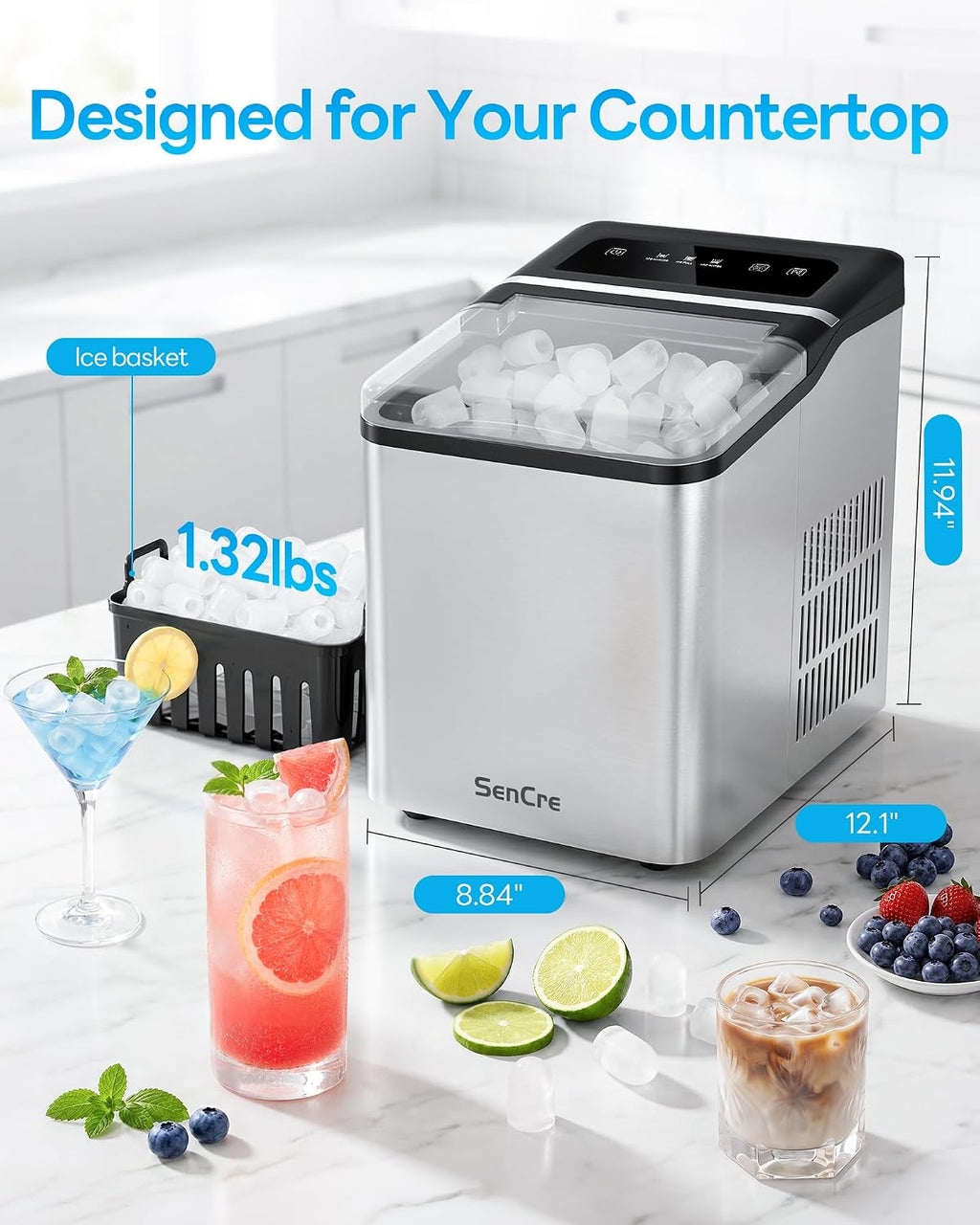 Ice Makers Countertop, 26.5Lbs/24H Ice Machine with 2 Sizes Bullet Ice, 9 Ice Cubes Release in 6 Mins, Self-Cleaning Portable Ice Maker with Ice Scoop and Basket for Home Kitchen Office Bar RV