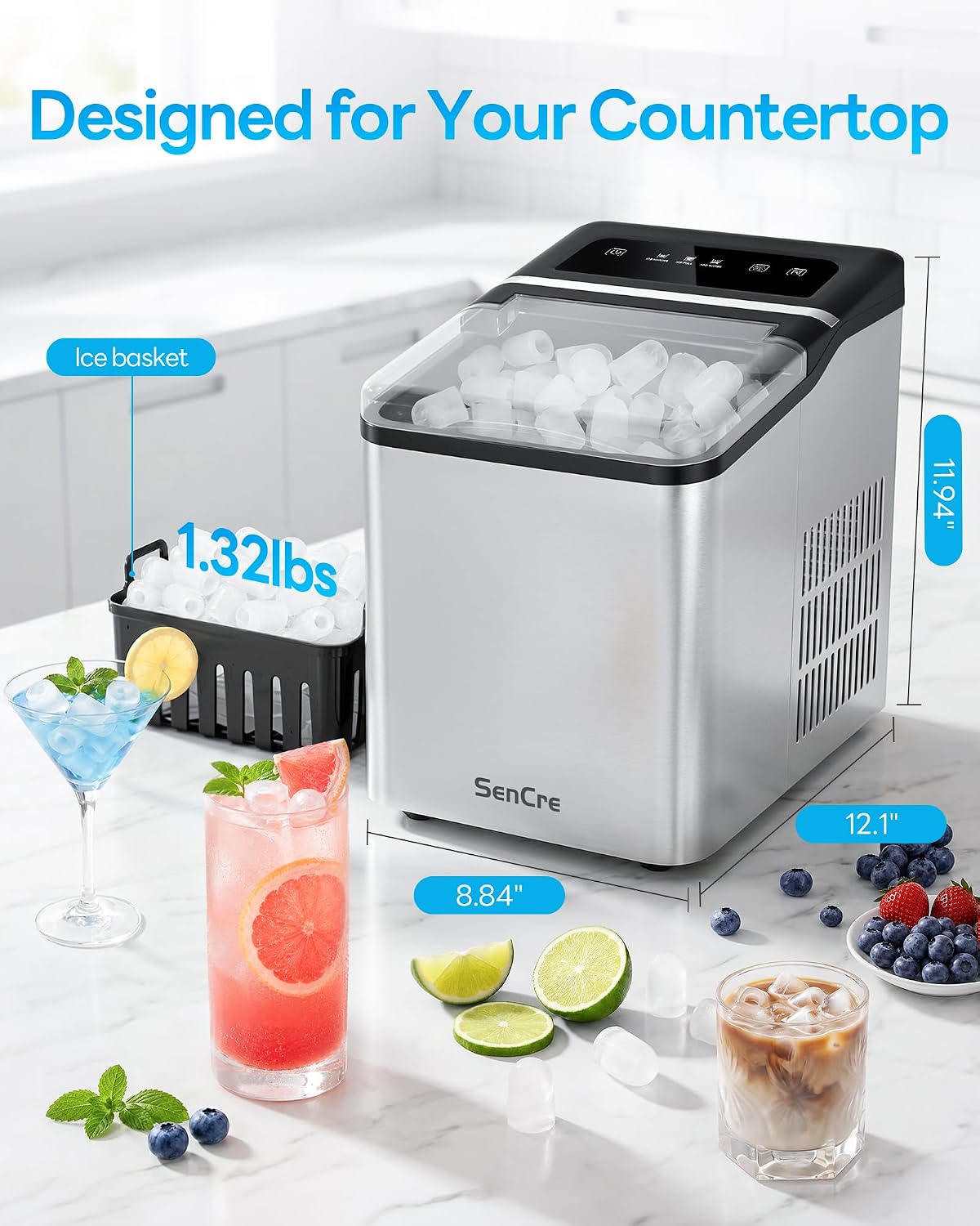 Ice Makers Countertop, 26.5Lbs/24H Ice Machine with 2 Sizes Bullet Ice, 9 Ice Cubes Release in 6 Mins, Self-Cleaning Portable Ice Maker with Ice Scoop and Basket for Home Kitchen Office Bar RV