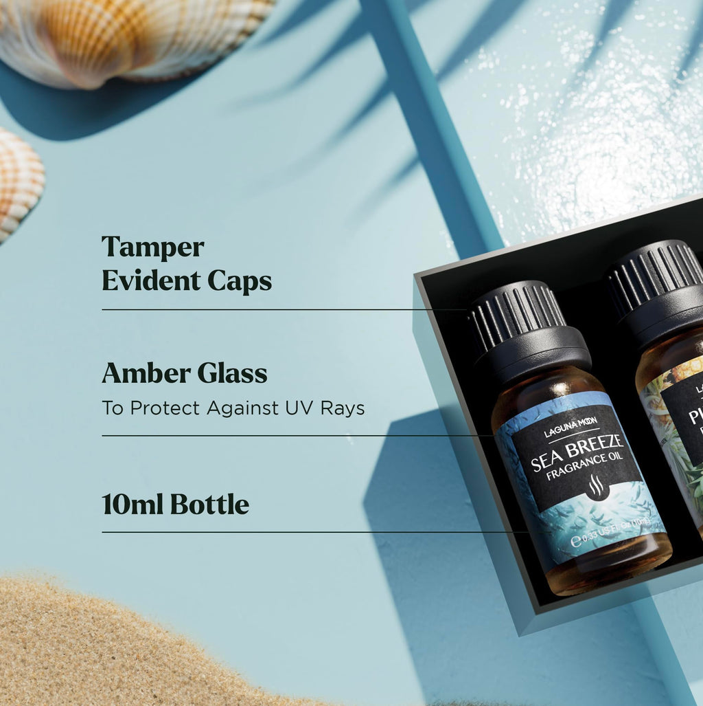 Lagunamoon Essential Oils Aromatherapy Set - 6 Oils for Diffusers, Home Care, Candle Making Scents, Fragrance, Humidifiers, Gifts - Peppermint, Tea Tree, Lavender, Eucalyptus, Orange (10mL)