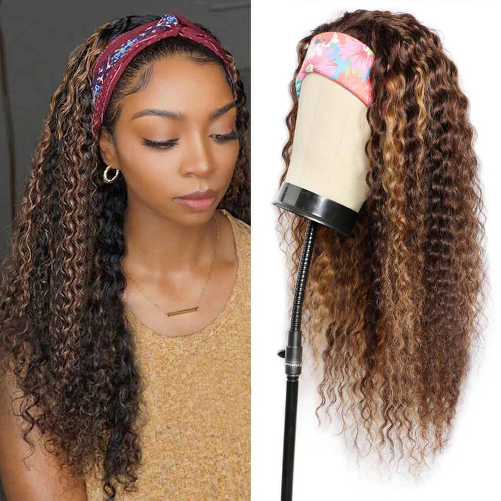 Aiterina Headband Wig Deep Wave 12 Inch Human Hair Headband Wig Curly hair Glueless Human Hair Wigs Machine Made No Lace deep Curly Headband Wigs Natural color