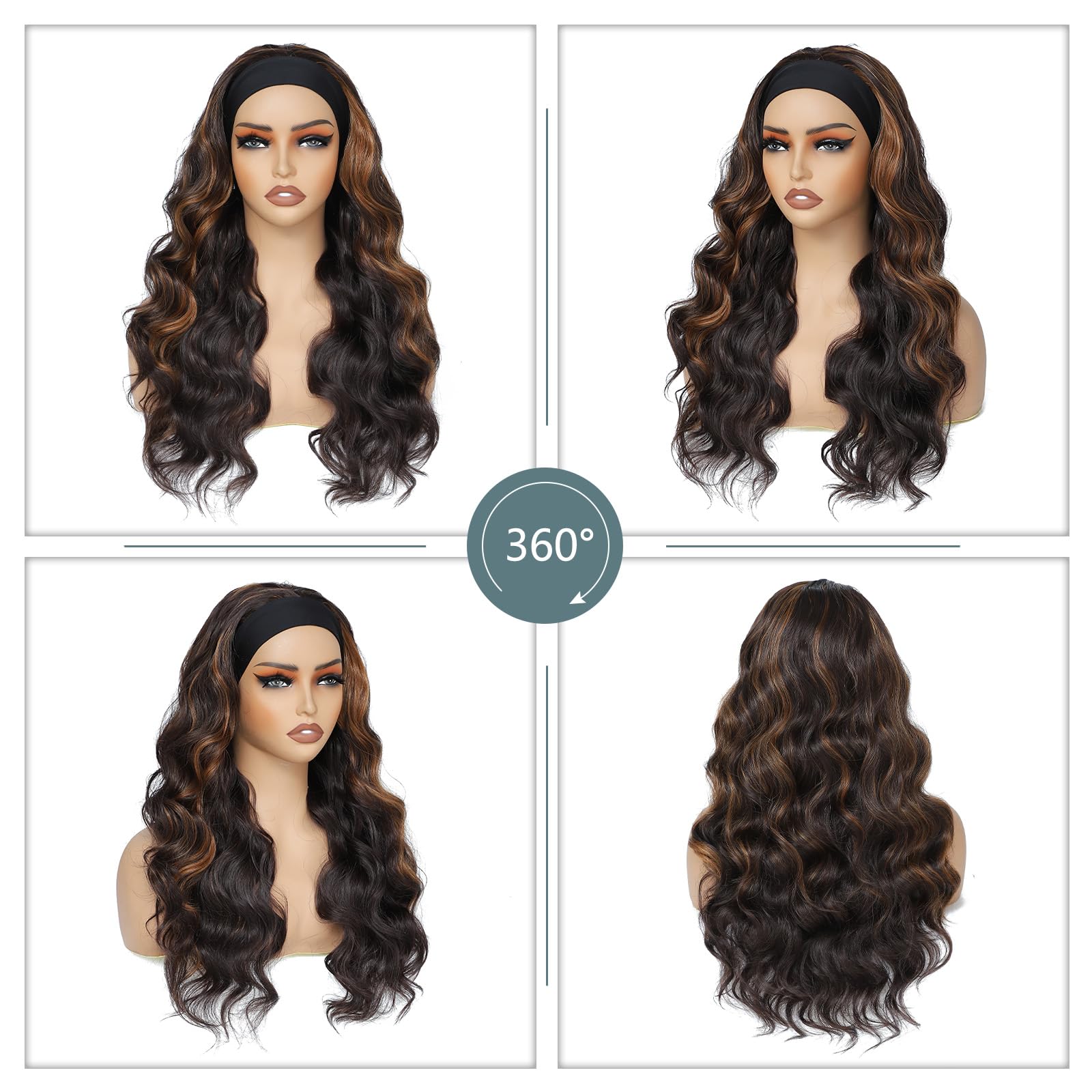Long Wavy Headband Wig for Women Black Wigs with Brown Blonde Highlight 200% Denisty Headband Wigs Put On and Go Glueless Wig Long Synthetic Wig for Women Party Daliy Use
