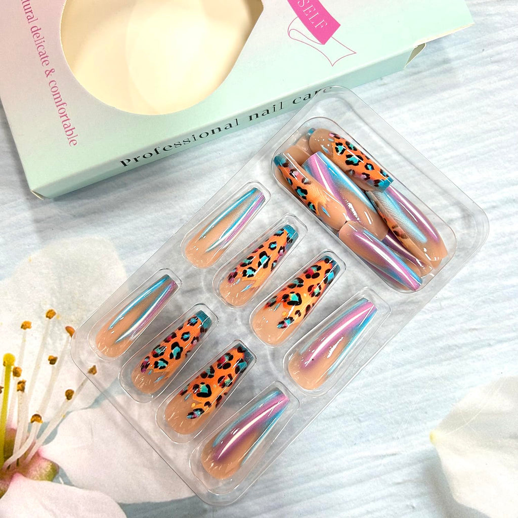 Glitter Powder Love Heart Press on Nails Long Square Gold Glitter Stripes Design Blue Gradient Acrylic Fake Nail Full Cover Glossy Artificial Fingernails DIY Reusable Glue on Nails for Women 24Pcs