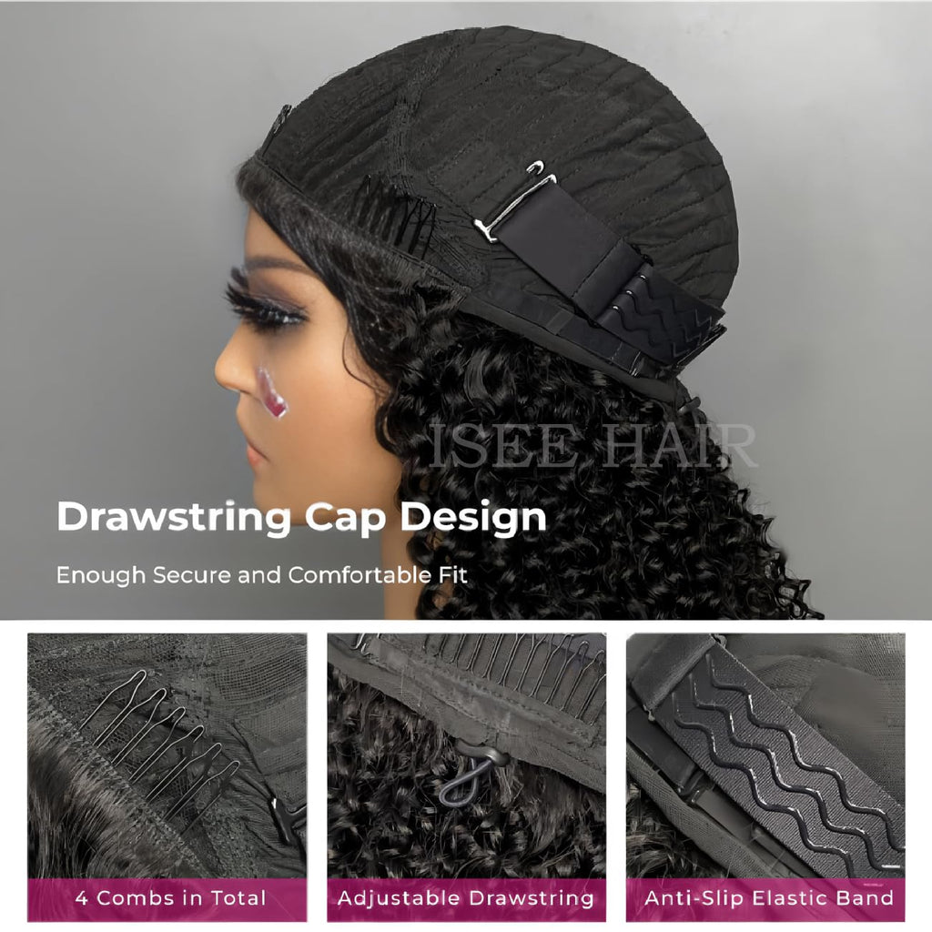 ISEE Half Wig Human Hair Glueless Wigs Upgrade 3 IN 1 Half Wig With Drawstring Seamless Clip Ins Flip Over Kinky Curly Human Hair No Glue No Lace For Women 180% Density 22 Inch