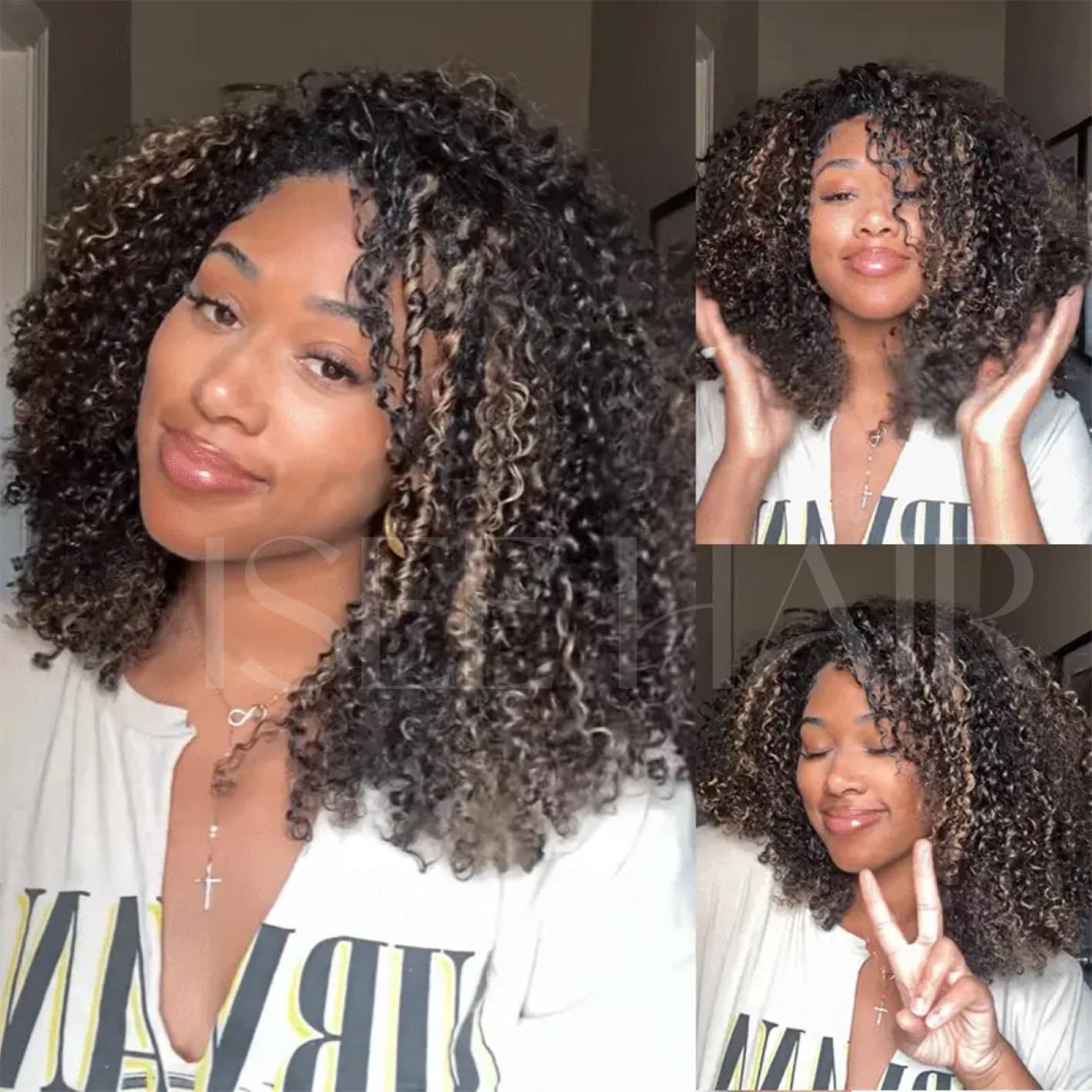ISEE Half Wig Human Hair Glueless Wigs Upgrade 3 IN 1 Half Wig With Drawstring Seamless Clip Ins Flip Over Kinky Curly Human Hair No Glue No Lace For Women 180% Density 22 Inch