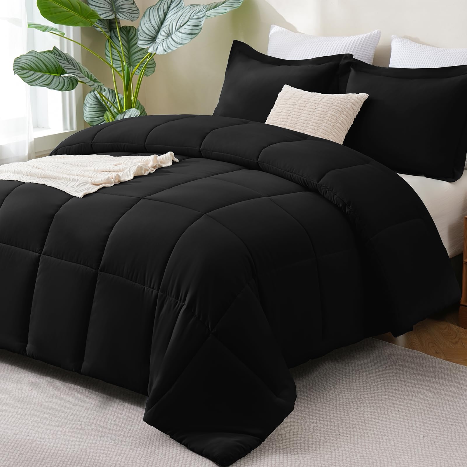 CozyLux Queen Comforter Set Black - 270GSM 3 Pieces Box Stitched Comforters Queen Size, Soft Bed Set for All Seasons, Lightweight Bedding Sets with 1 Down Alternative Comforter and 2 Pillow Shams