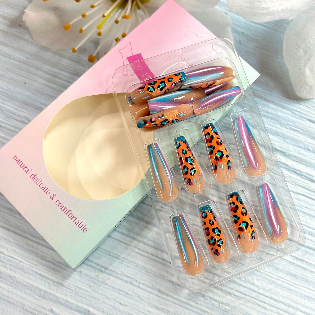 Glitter Powder Love Heart Press on Nails Long Square Gold Glitter Stripes Design Blue Gradient Acrylic Fake Nail Full Cover Glossy Artificial Fingernails DIY Reusable Glue on Nails for Women 24Pcs
