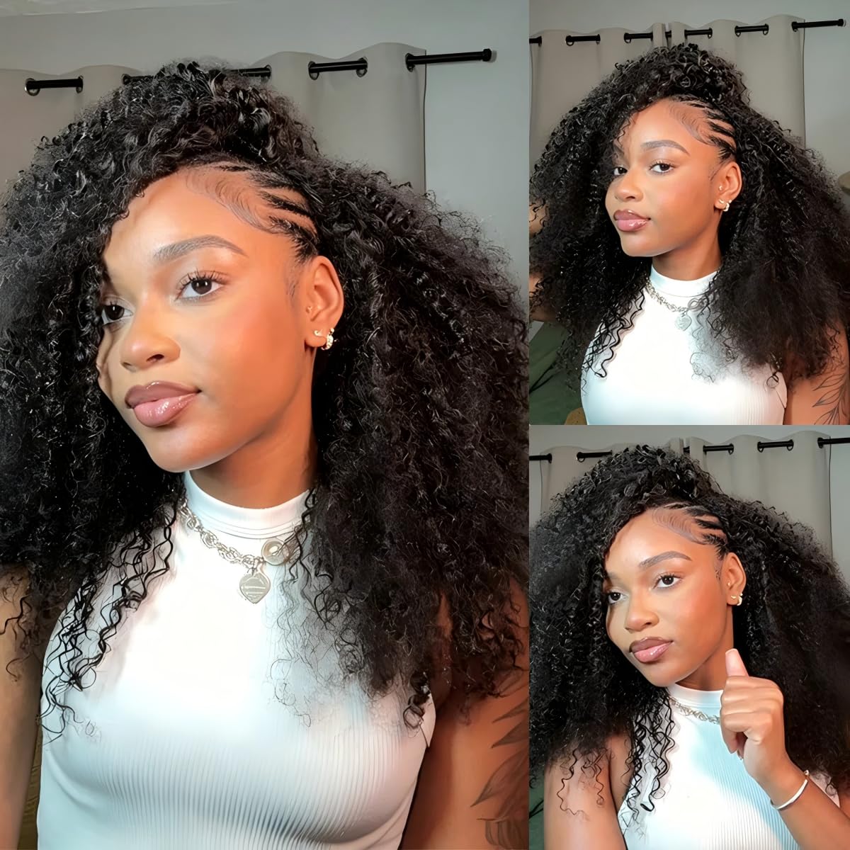ISEE Half Wig Human Hair Glueless Wigs Upgrade 3 IN 1 Half Wig With Drawstring Seamless Clip Ins Flip Over Kinky Curly Human Hair No Glue No Lace For Women 180% Density 22 Inch