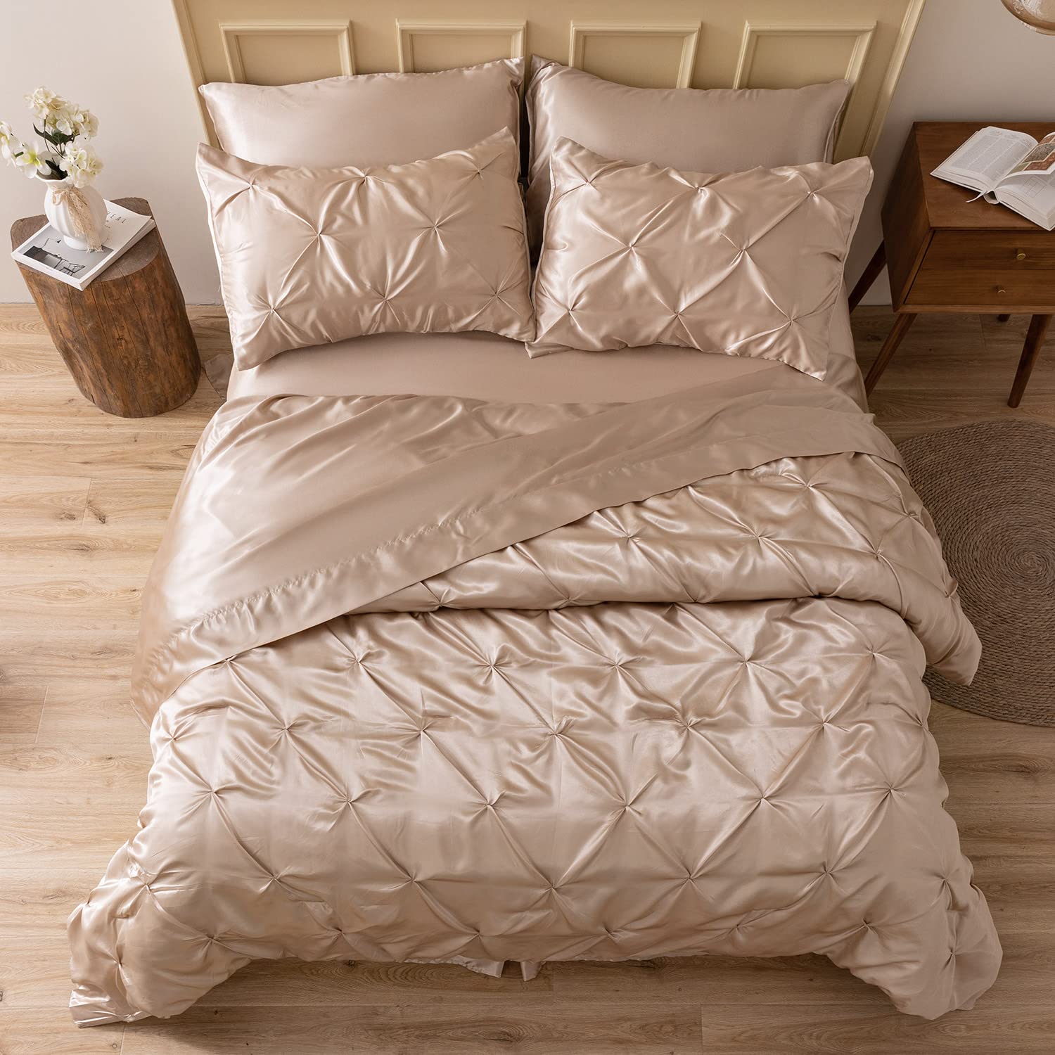 MR&HM Satin Comforter Queen 7 Pieces - Luxurious Pinch Pleat Bedding Set with Comforter, Flat Sheet, Fitted Sheet, Pillowcases & Shams, Super Silky Soft Bed Set for All Season (Queen, Black)