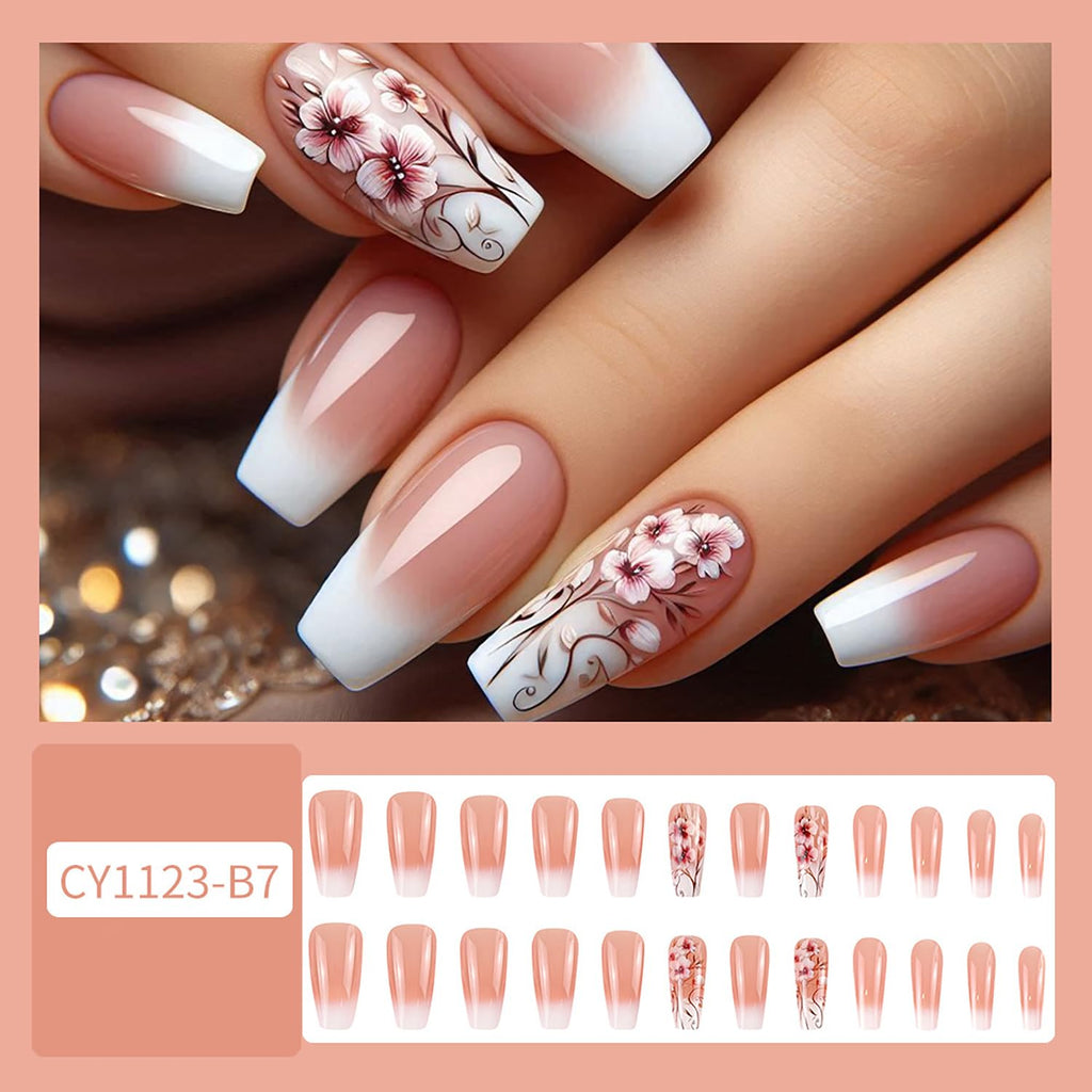 Glitter Powder Love Heart Press on Nails Long Square Gold Glitter Stripes Design Blue Gradient Acrylic Fake Nail Full Cover Glossy Artificial Fingernails DIY Reusable Glue on Nails for Women 24Pcs