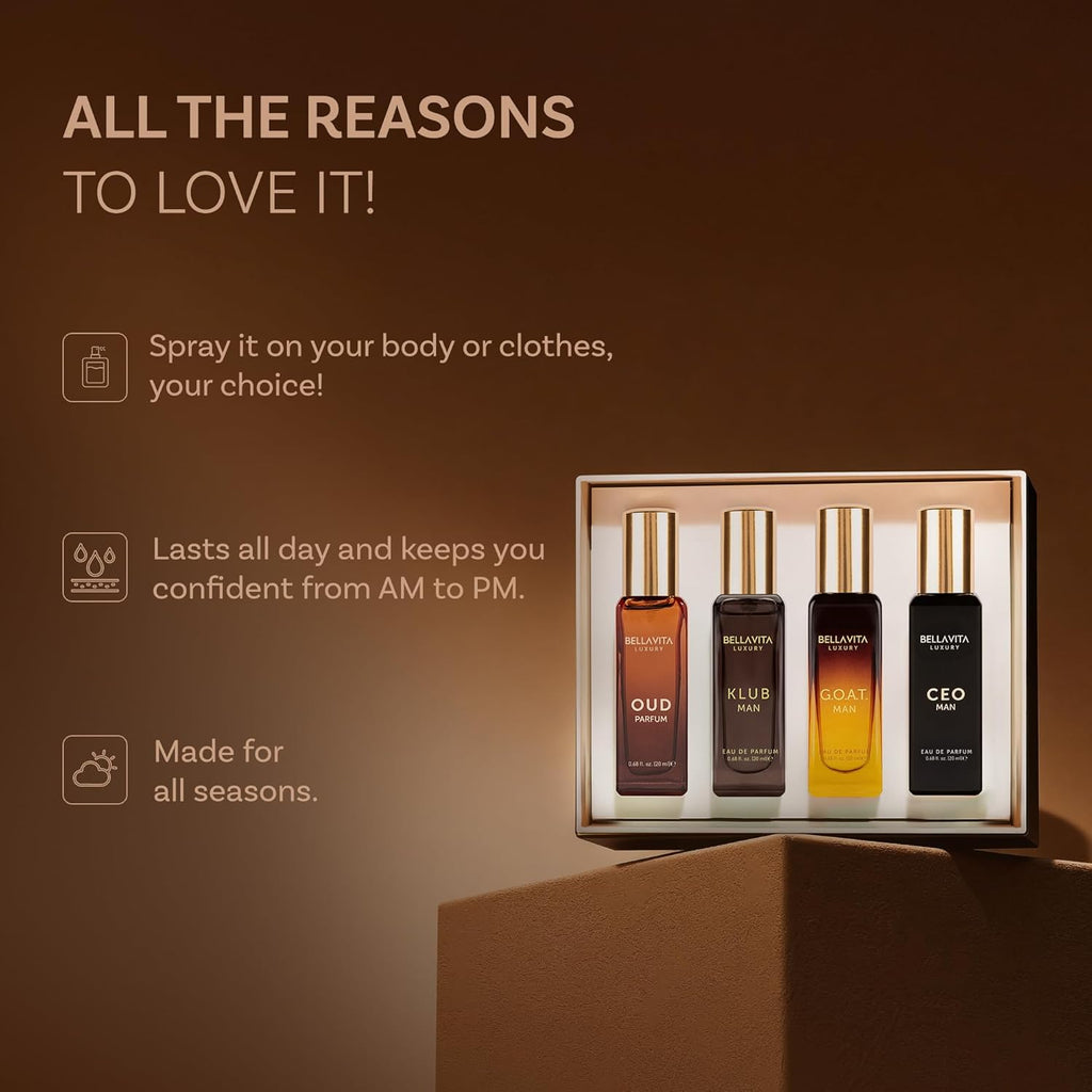 BellaVita Luxury Men's Perfume Gift Set with CEO Man, G.O.A.T., KLUB & OUD | 4 x 20ml (80ml) | Long Lasting Perfume for Men | Citrus, Woody, Patchouli & Caramel Notes | Gift for Father's Day