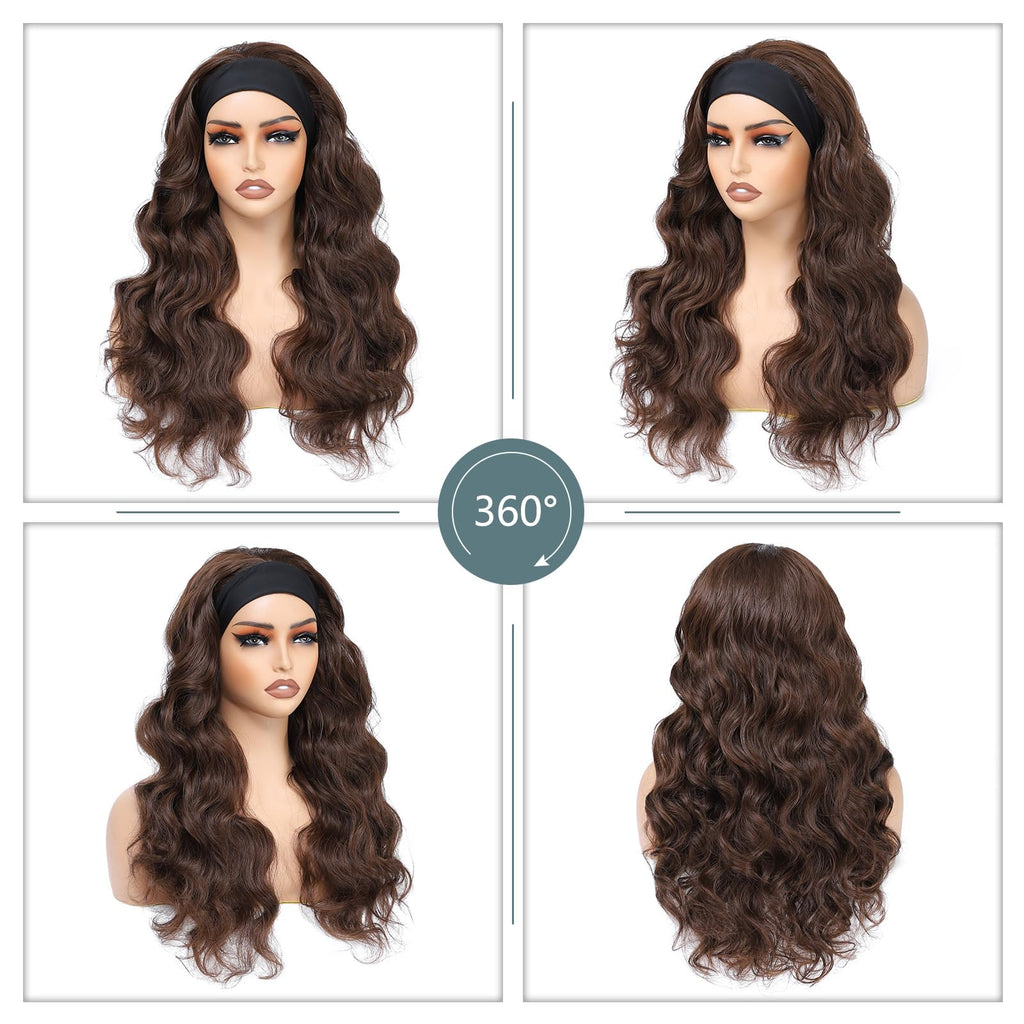 Long Wavy Headband Wig for Women Black Wigs with Brown Blonde Highlight 200% Denisty Headband Wigs Put On and Go Glueless Wig Long Synthetic Wig for Women Party Daliy Use