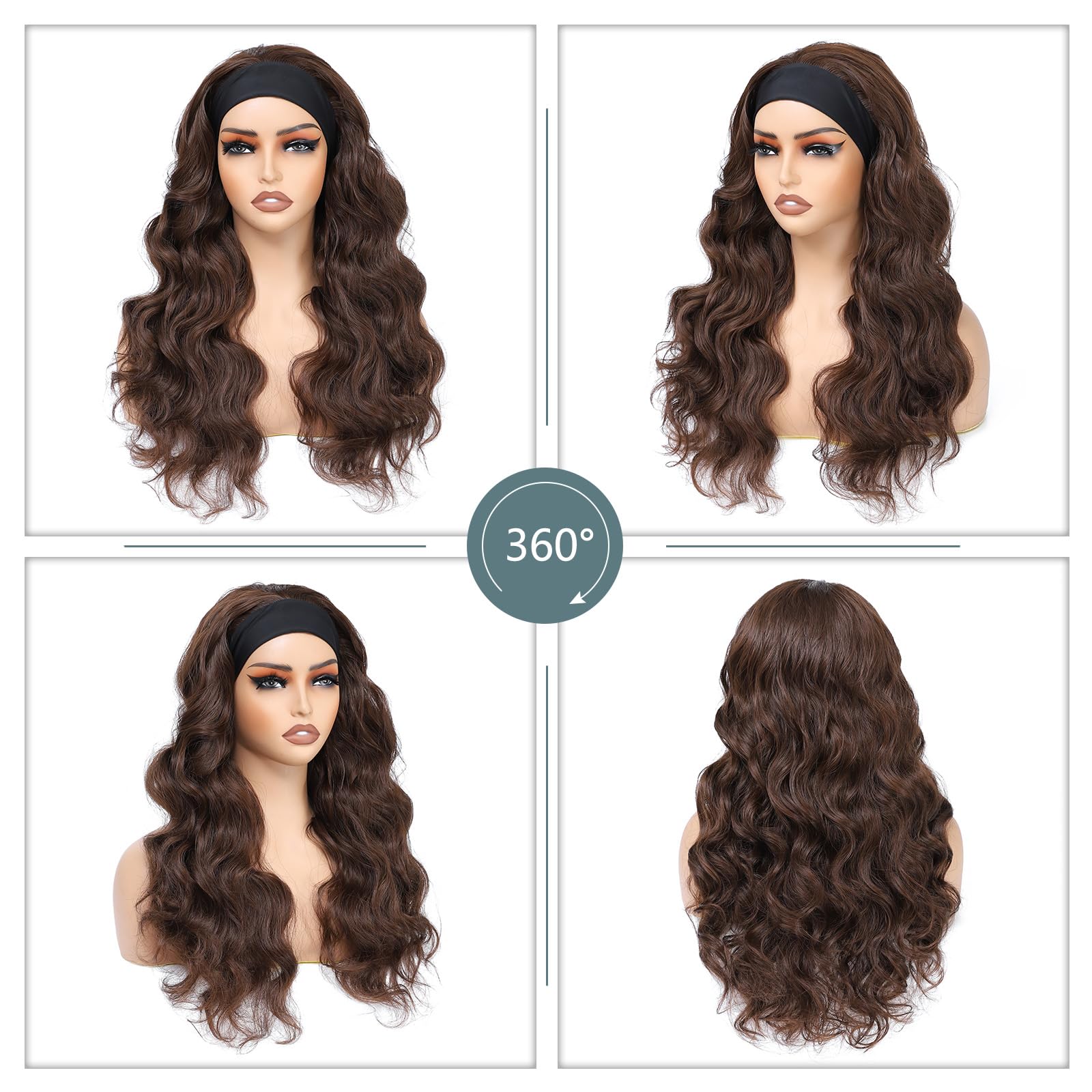 Long Wavy Headband Wig for Women Black Wigs with Brown Blonde Highlight 200% Denisty Headband Wigs Put On and Go Glueless Wig Long Synthetic Wig for Women Party Daliy Use