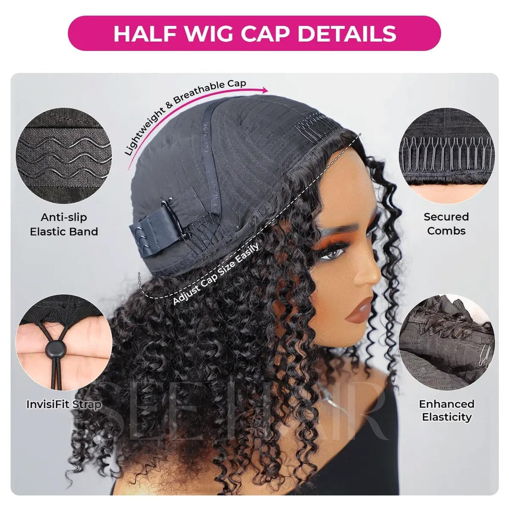 ISEE Half Wig Human Hair Glueless Wigs Upgrade 3 IN 1 Half Wig With Drawstring Seamless Clip Ins Flip Over Kinky Curly Human Hair No Glue No Lace For Women 180% Density 22 Inch