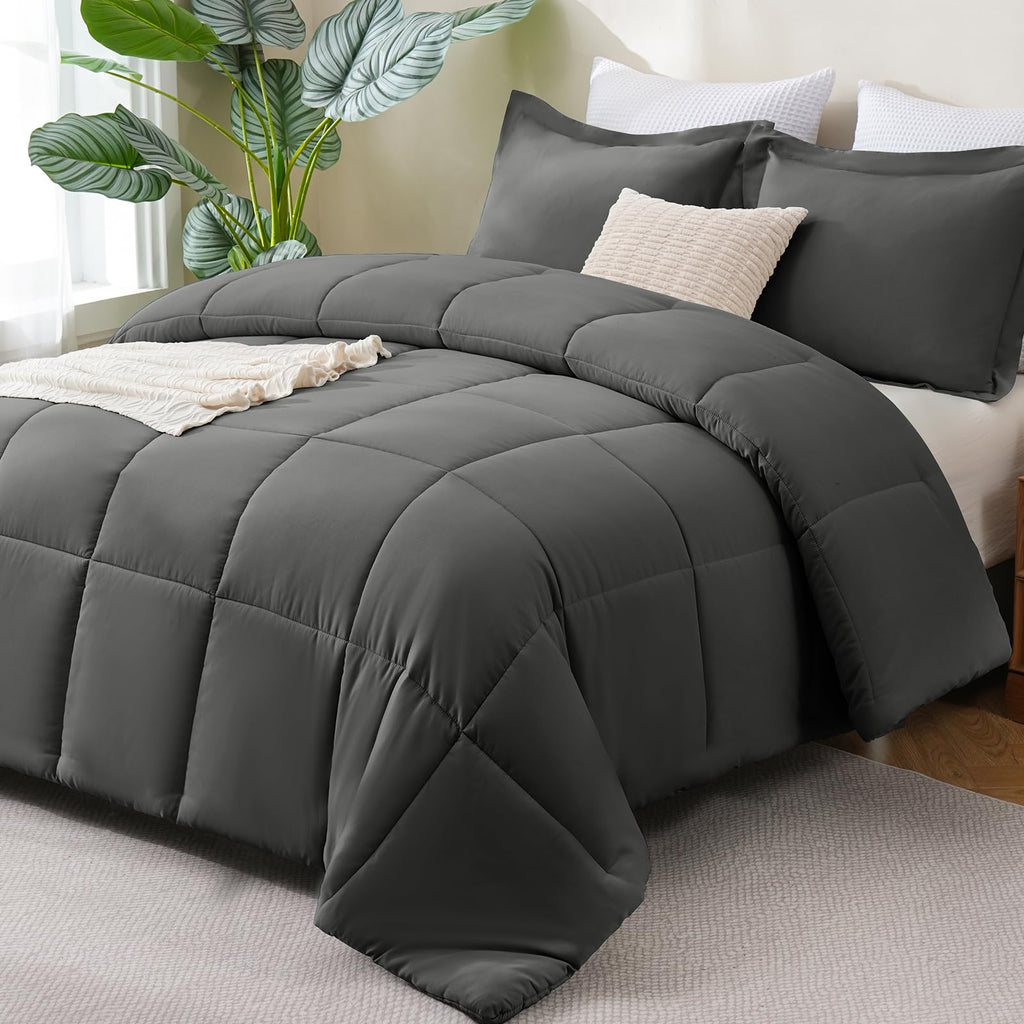 CozyLux Queen Comforter Set Black - 270GSM 3 Pieces Box Stitched Comforters Queen Size, Soft Bed Set for All Seasons, Lightweight Bedding Sets with 1 Down Alternative Comforter and 2 Pillow Shams