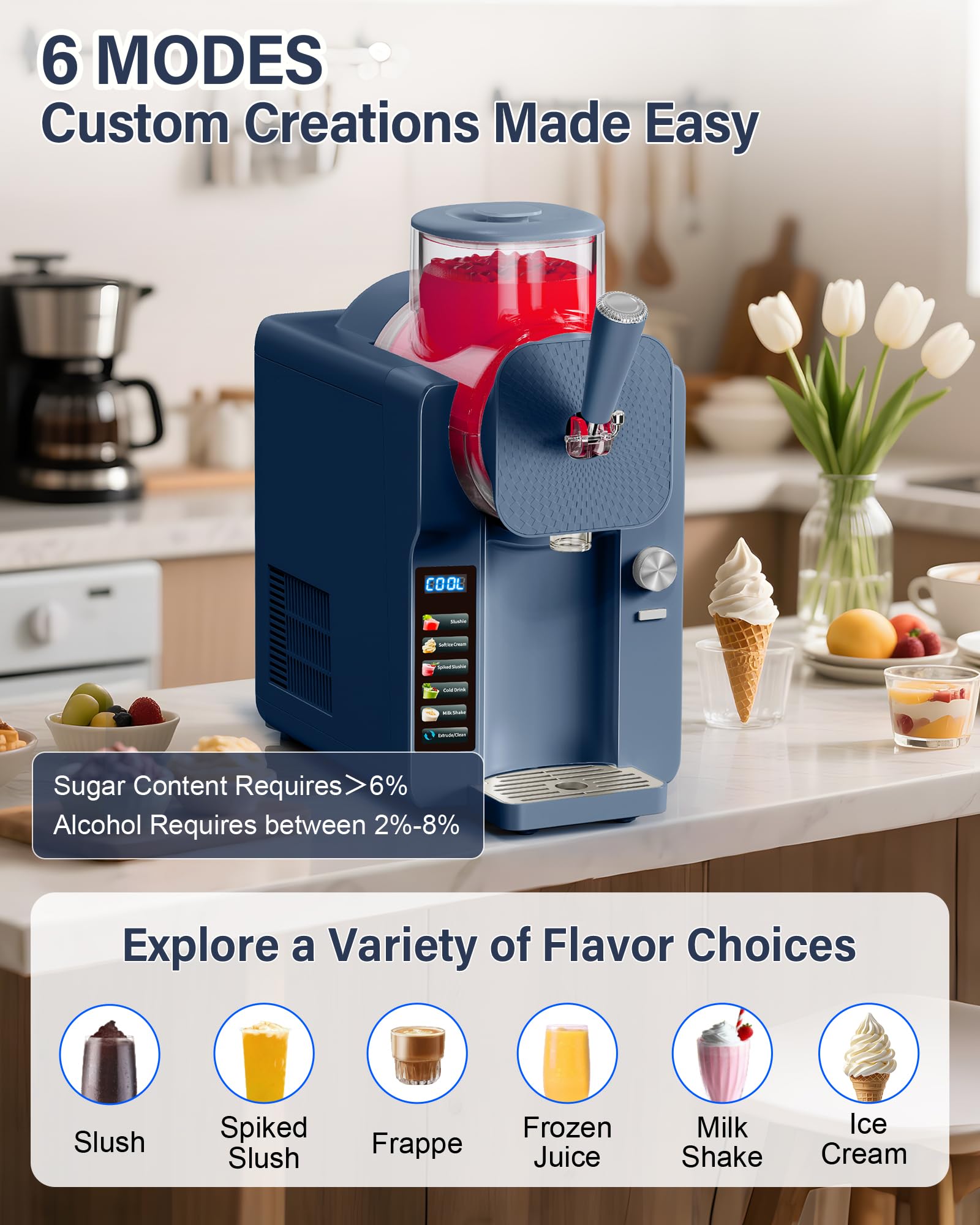 Slush Machine & Ice Cream Maker Machine 2-IN-1, for Smoothies, Margarita | 6 Modes for Smoothies, Milkshakes, Margarita, and Ice Cream, Double-Layer Tank, With Ice Cream Cone Holder, Home Use