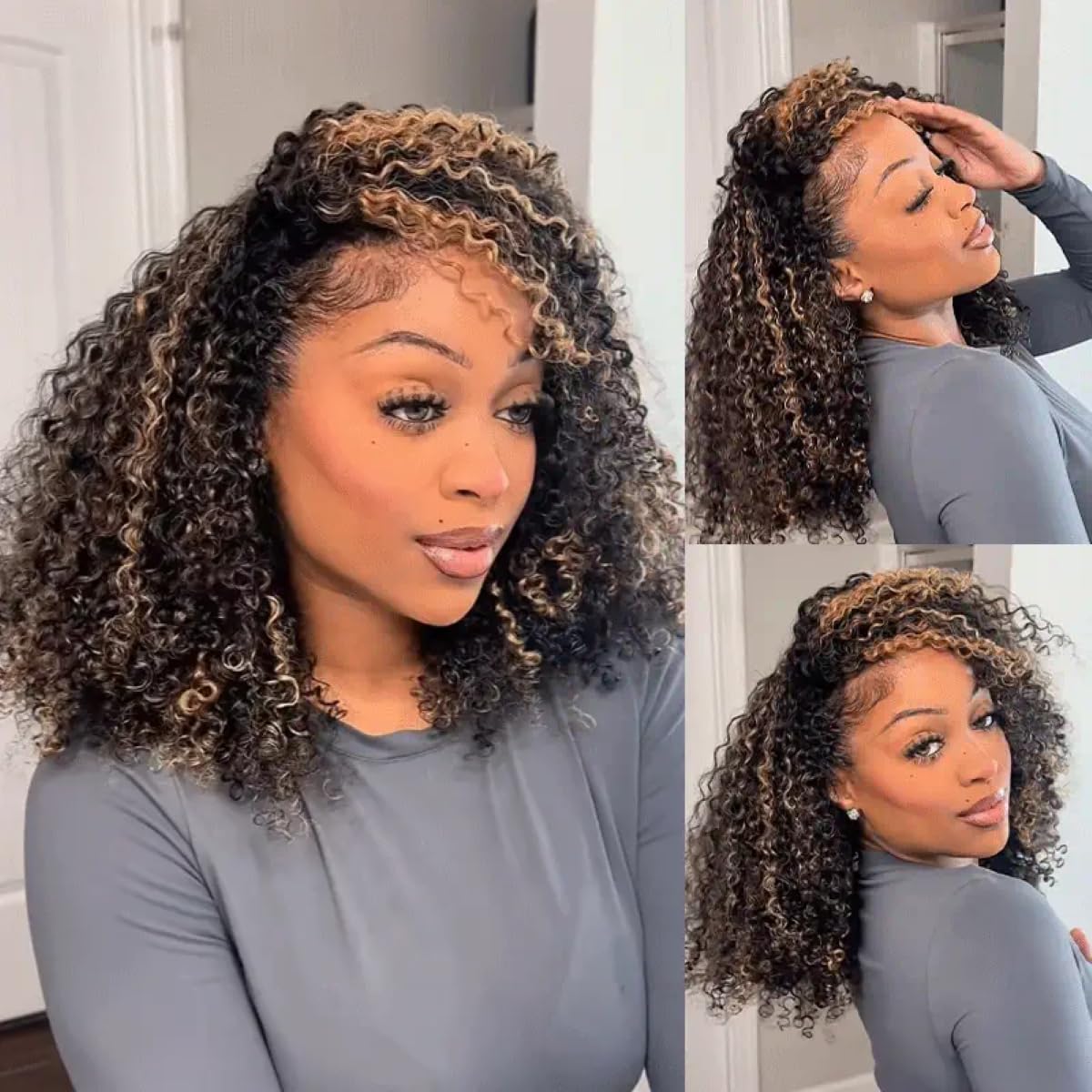 ISEE Half Wig Human Hair Glueless Wigs Upgrade 3 IN 1 Half Wig With Drawstring Seamless Clip Ins Flip Over Kinky Curly Human Hair No Glue No Lace For Women 180% Density 22 Inch