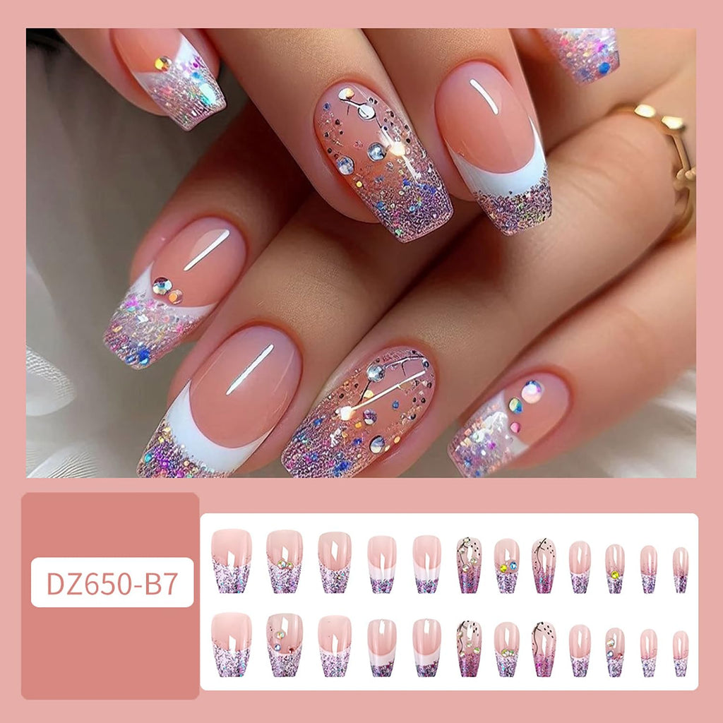 Glitter Powder Love Heart Press on Nails Long Square Gold Glitter Stripes Design Blue Gradient Acrylic Fake Nail Full Cover Glossy Artificial Fingernails DIY Reusable Glue on Nails for Women 24Pcs