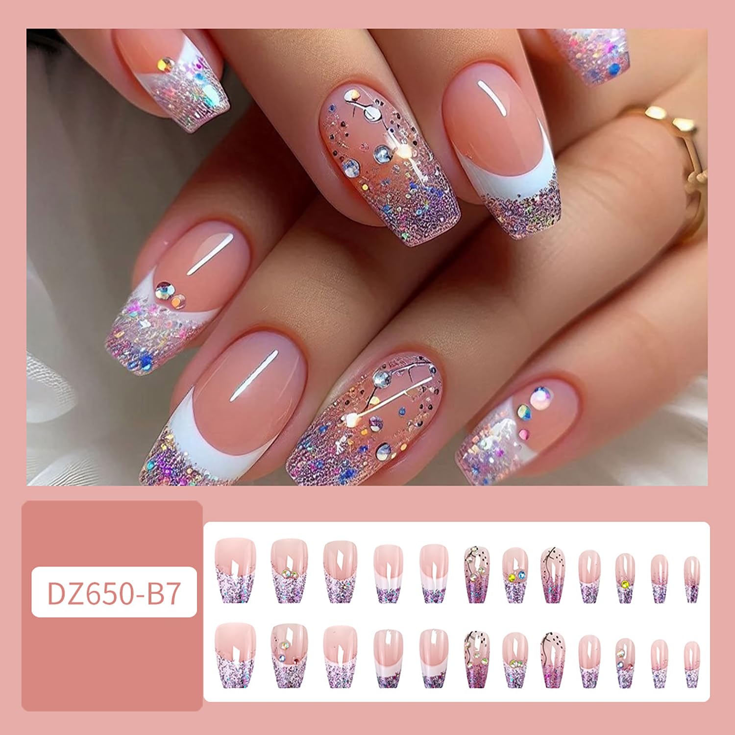 Glitter Powder Love Heart Press on Nails Long Square Gold Glitter Stripes Design Blue Gradient Acrylic Fake Nail Full Cover Glossy Artificial Fingernails DIY Reusable Glue on Nails for Women 24Pcs