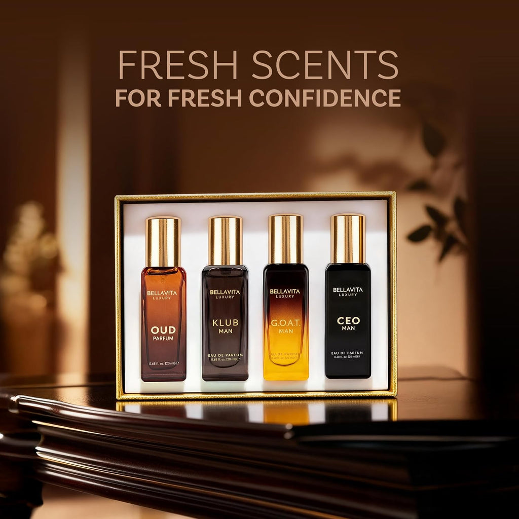BellaVita Luxury Men's Perfume Gift Set with CEO Man, G.O.A.T., KLUB & OUD | 4 x 20ml (80ml) | Long Lasting Perfume for Men | Citrus, Woody, Patchouli & Caramel Notes | Gift for Father's Day