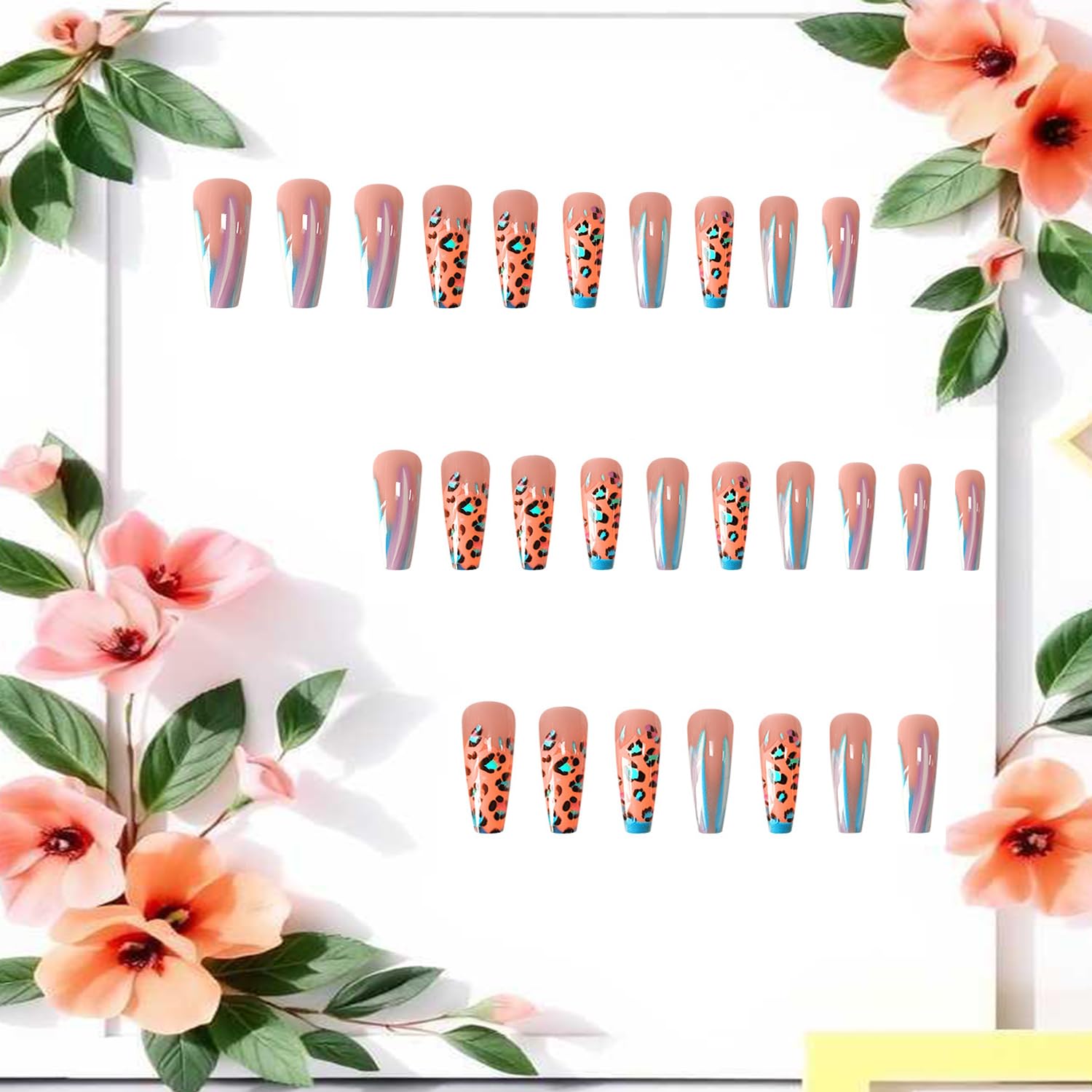 Glitter Powder Love Heart Press on Nails Long Square Gold Glitter Stripes Design Blue Gradient Acrylic Fake Nail Full Cover Glossy Artificial Fingernails DIY Reusable Glue on Nails for Women 24Pcs