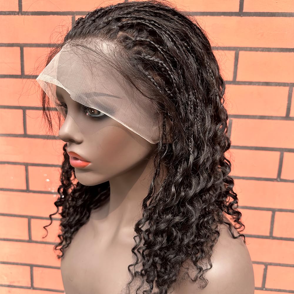 FlowerSeason Boho Box Braids Wig Full Lace Braided Wig Human Hair Square Parted Knotless Pre Pluched With Baby Hair Braided Wigs for Black Women(12 inch)