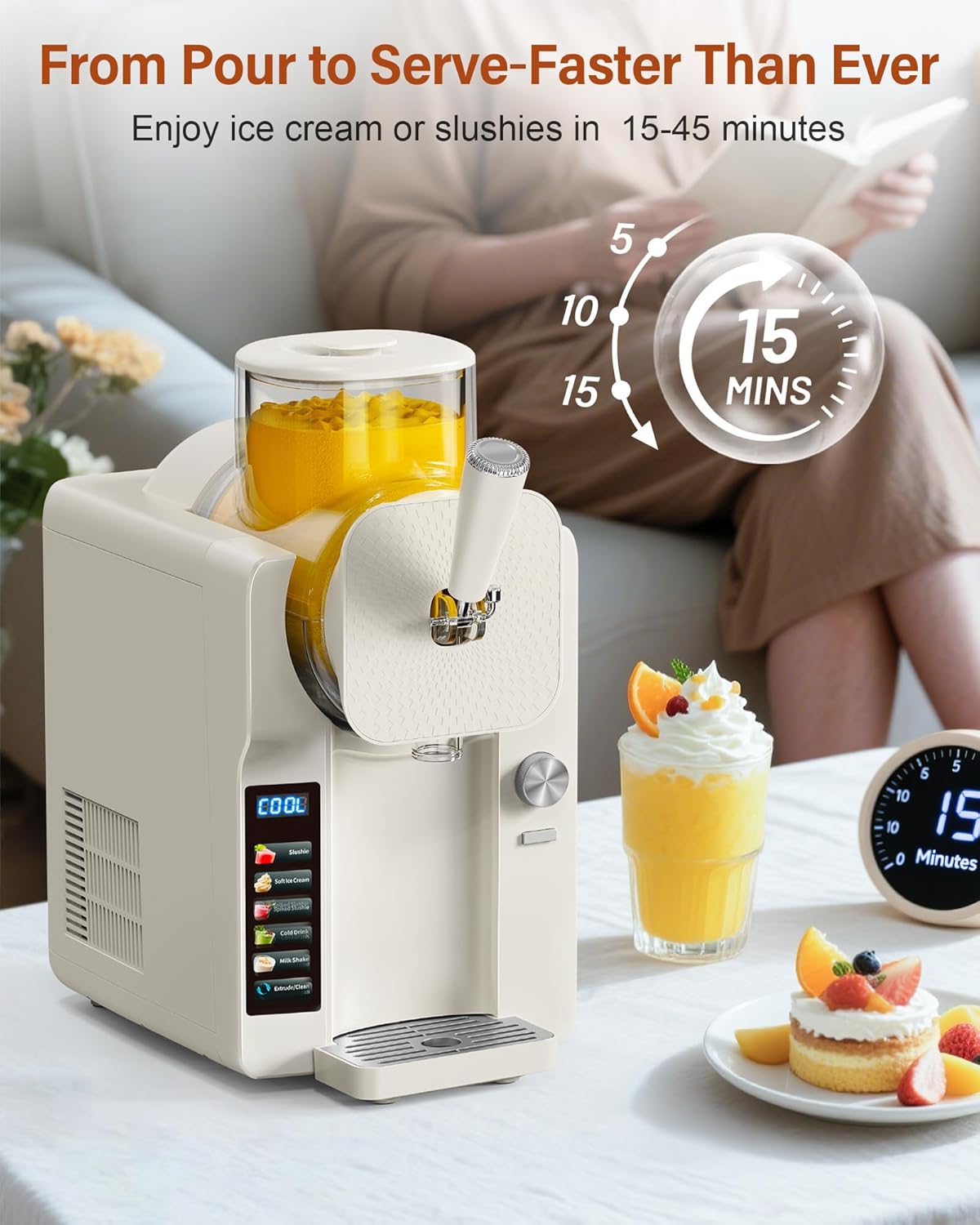 Slush Machine & Ice Cream Maker Machine 2-IN-1, for Smoothies, Margarita | 6 Modes for Smoothies, Milkshakes, Margarita, and Ice Cream, Double-Layer Tank, With Ice Cream Cone Holder, Home Use