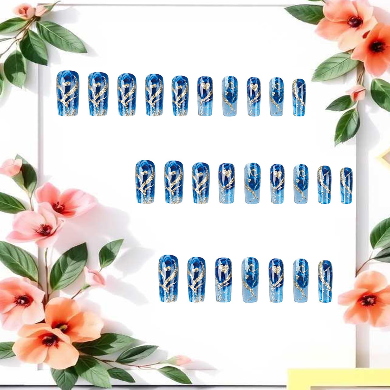 Glitter Powder Love Heart Press on Nails Long Square Gold Glitter Stripes Design Blue Gradient Acrylic Fake Nail Full Cover Glossy Artificial Fingernails DIY Reusable Glue on Nails for Women 24Pcs