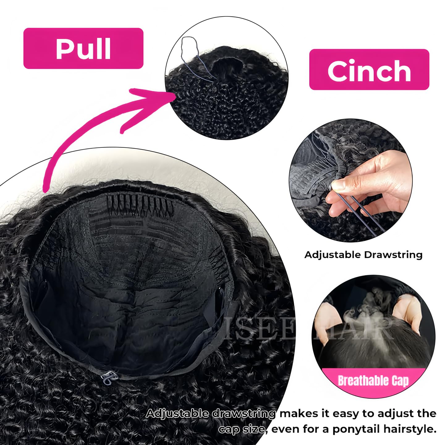 ISEE Half Wig Human Hair Glueless Wigs Upgrade 3 IN 1 Half Wig With Drawstring Seamless Clip Ins Flip Over Kinky Curly Human Hair No Glue No Lace For Women 180% Density 22 Inch