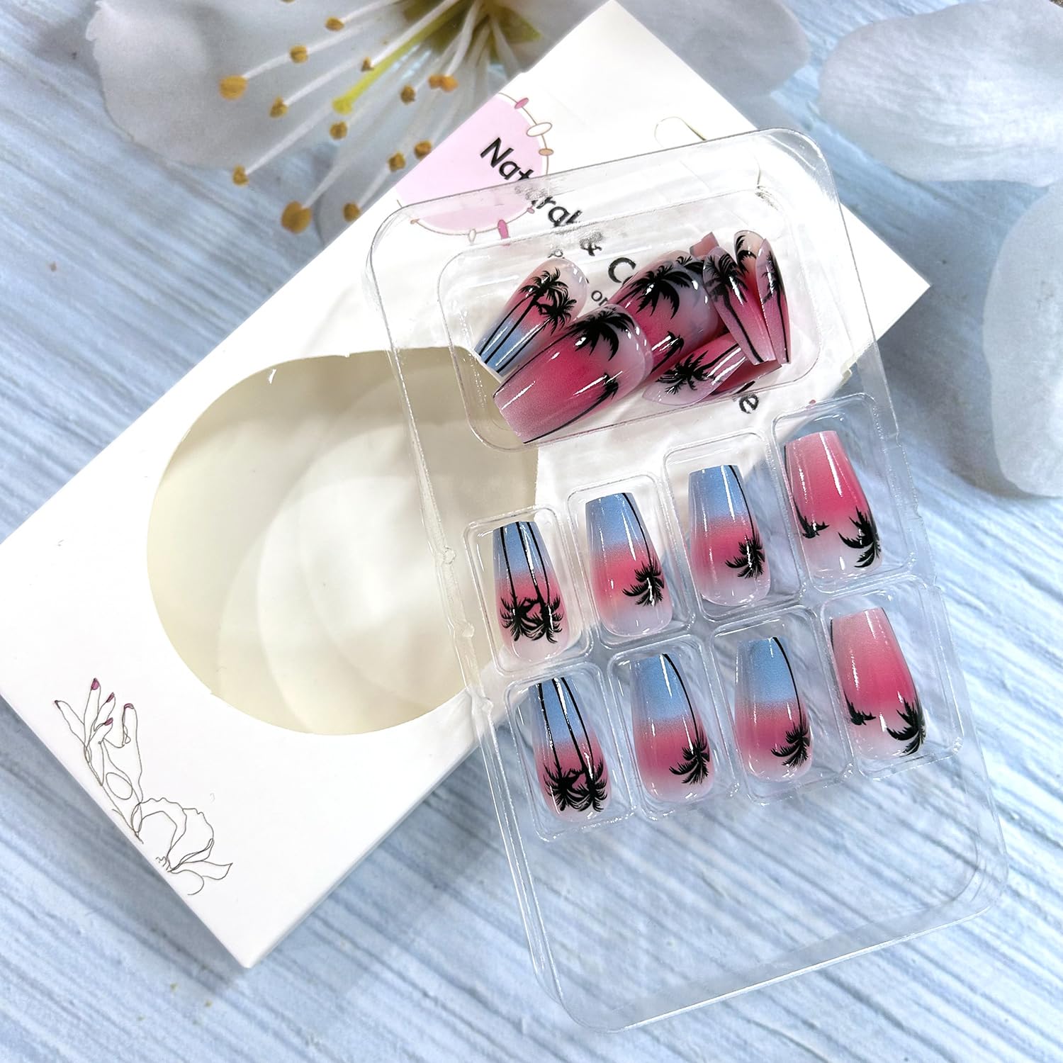 Glitter Powder Love Heart Press on Nails Long Square Gold Glitter Stripes Design Blue Gradient Acrylic Fake Nail Full Cover Glossy Artificial Fingernails DIY Reusable Glue on Nails for Women 24Pcs