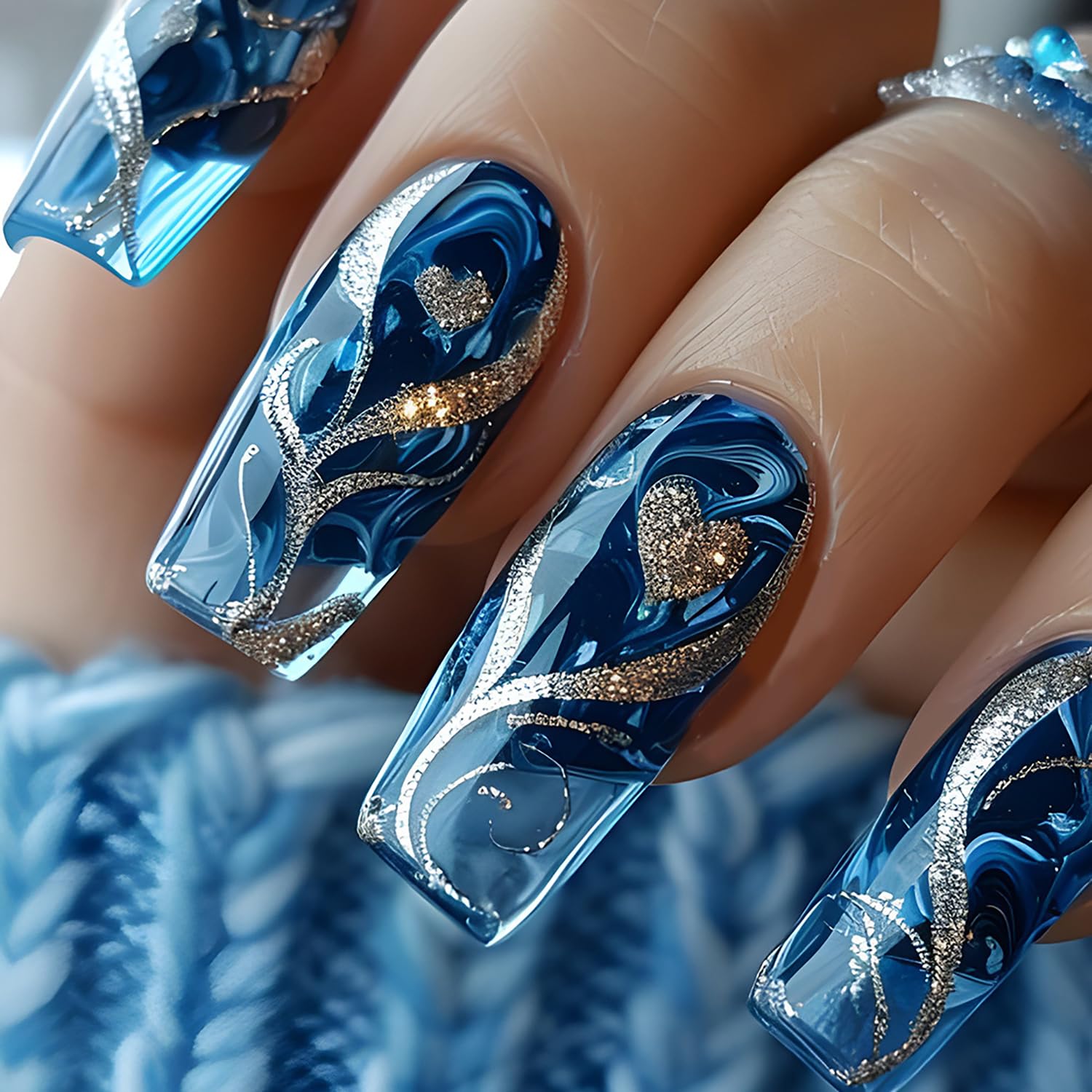 Glitter Powder Love Heart Press on Nails Long Square Gold Glitter Stripes Design Blue Gradient Acrylic Fake Nail Full Cover Glossy Artificial Fingernails DIY Reusable Glue on Nails for Women 24Pcs
