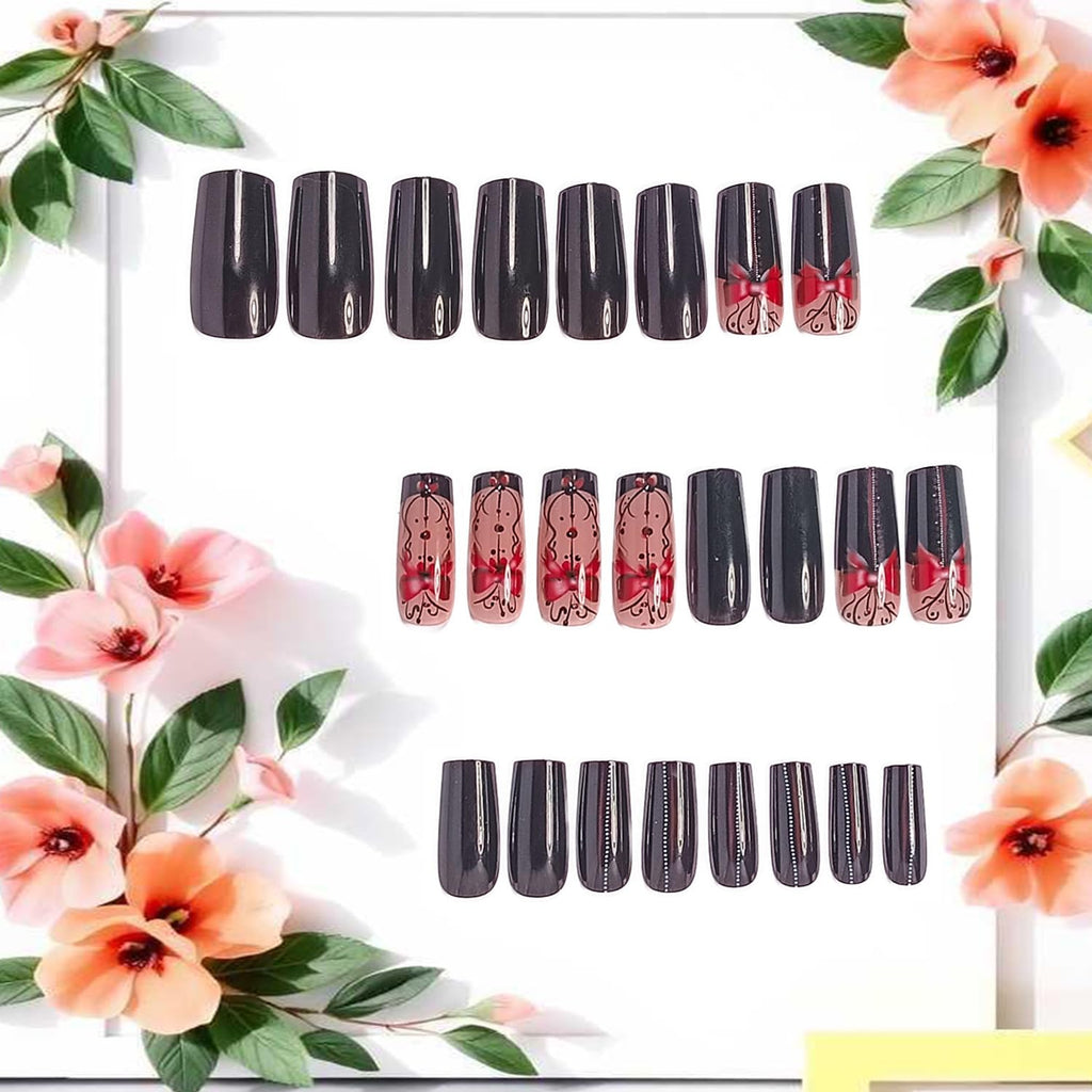 Glitter Powder Love Heart Press on Nails Long Square Gold Glitter Stripes Design Blue Gradient Acrylic Fake Nail Full Cover Glossy Artificial Fingernails DIY Reusable Glue on Nails for Women 24Pcs