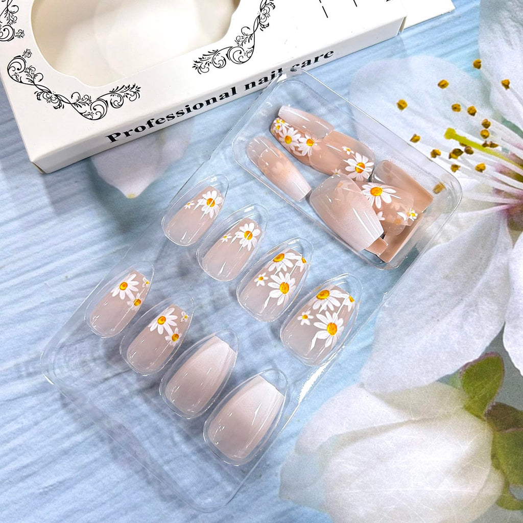 Glitter Powder Love Heart Press on Nails Long Square Gold Glitter Stripes Design Blue Gradient Acrylic Fake Nail Full Cover Glossy Artificial Fingernails DIY Reusable Glue on Nails for Women 24Pcs
